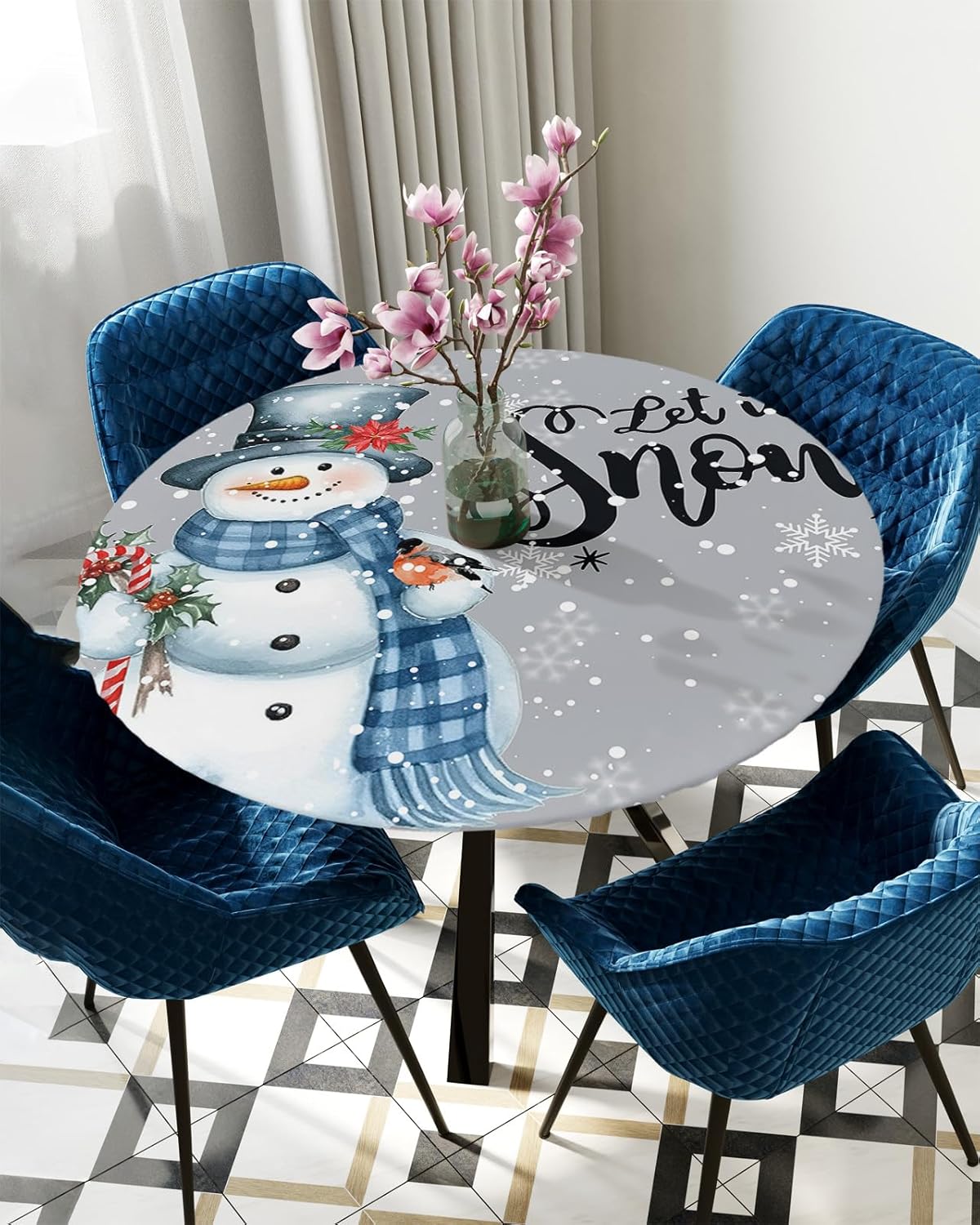 Christmas Snowman Round Waterproof Table Cover Fitted Tablecloth