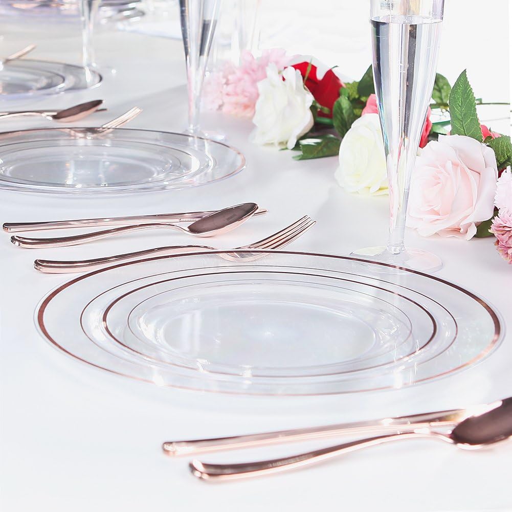 I00000 60 Pcs Rose Gold Plastic Plates Set