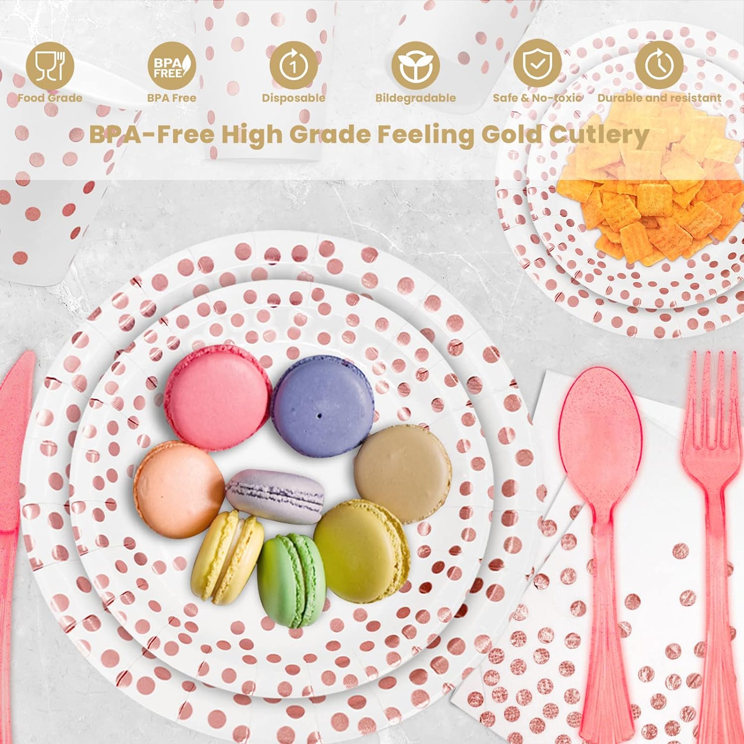 AIRE 175Pcs White Rose Gold Paper Plates Dinnerware Set for 25 Guests