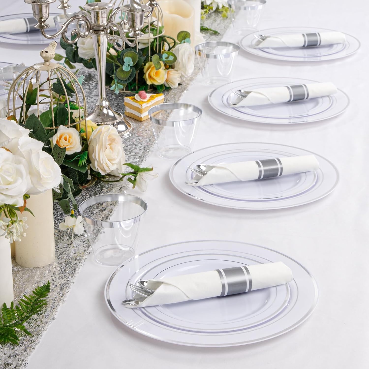 WELLIFE 700 Pcs Silver Plastic Plates Party Set