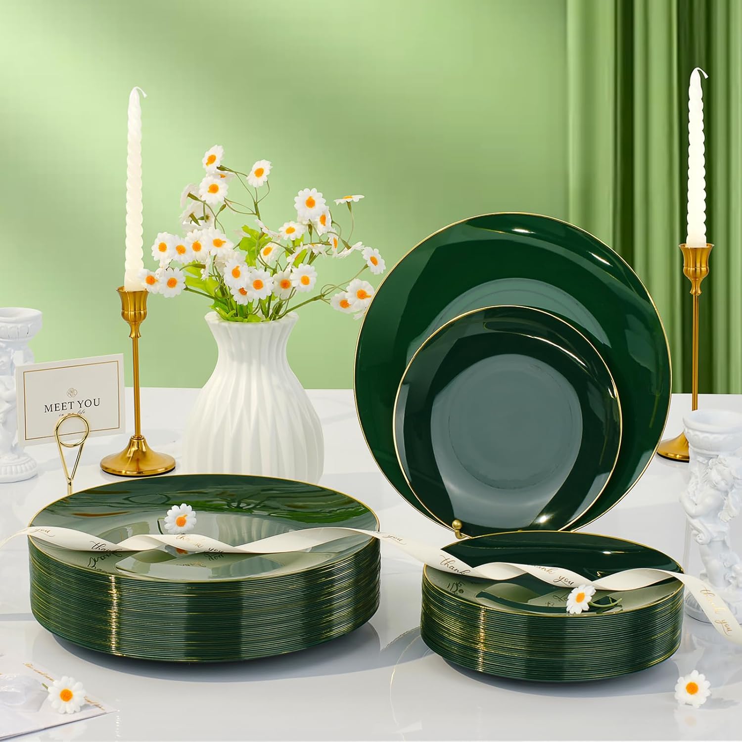 175 Piece Green Gold Plastic Dinnerware Set for Parties