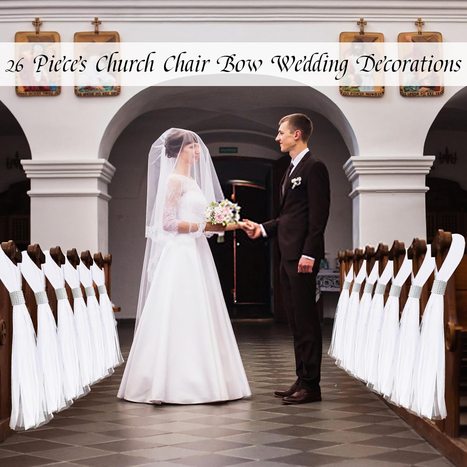 26 Piece White Pew Bows Set with Silver Rhinestone Decorations