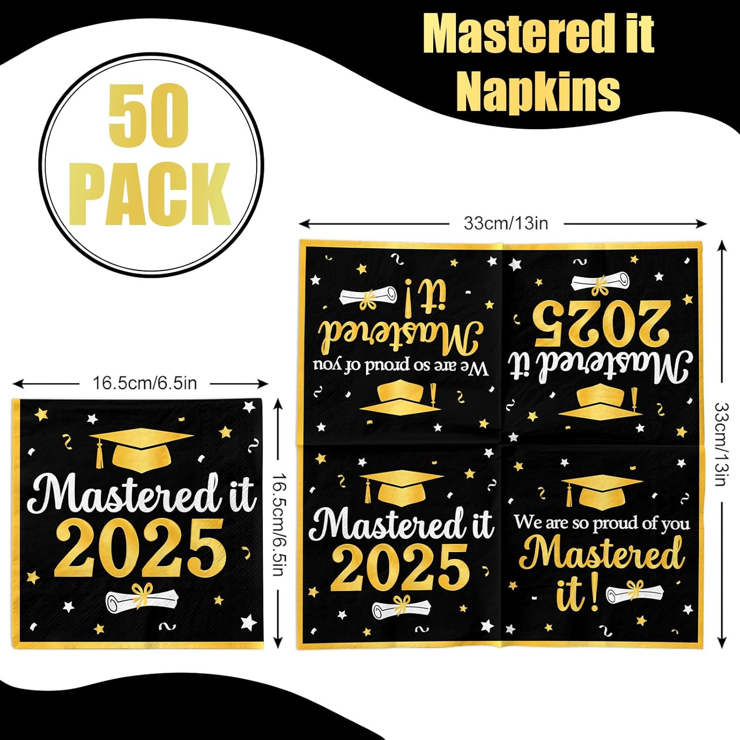 Mastered It Graduation Napkins 2025 50pcs Black Gold Decorations