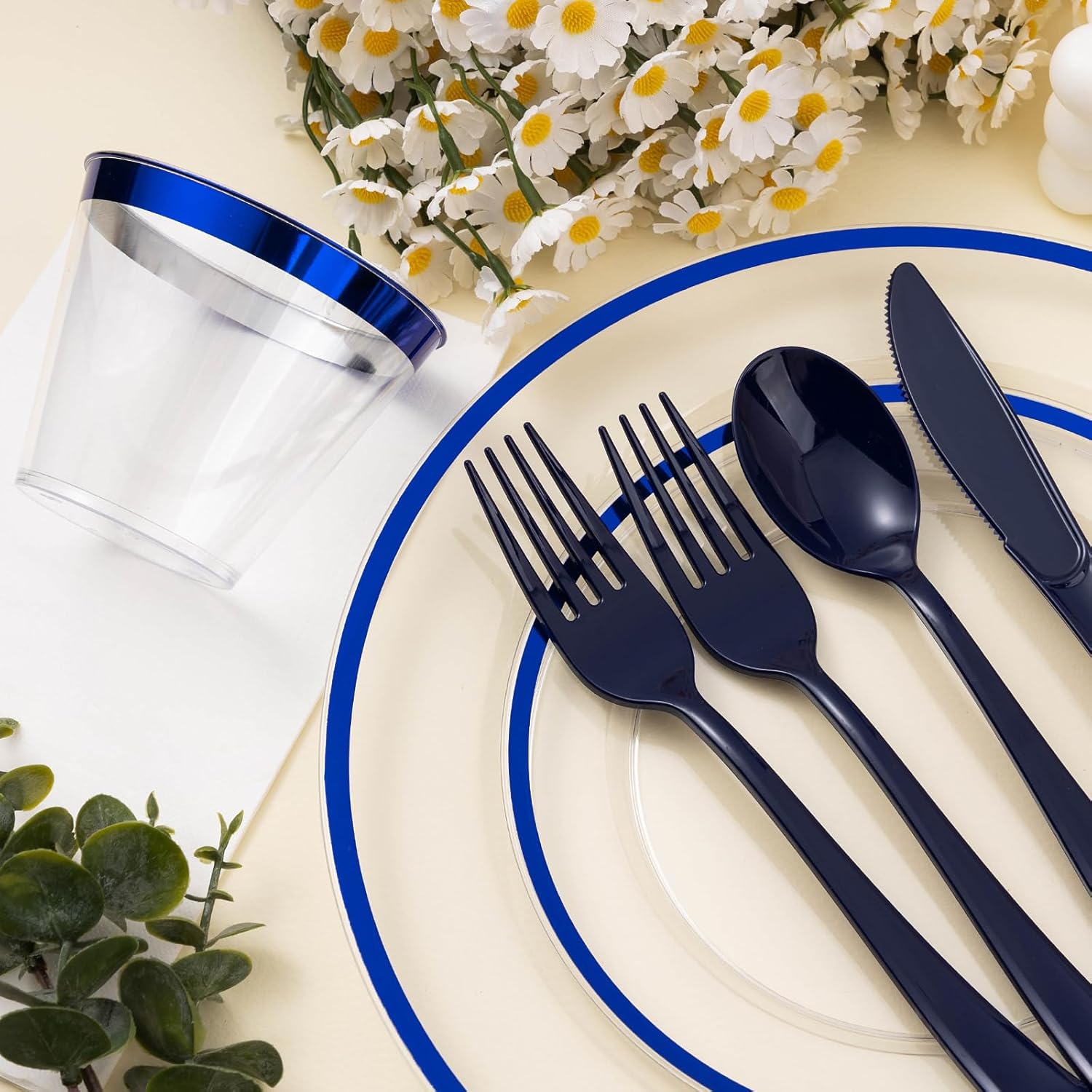 350PCS Blue and Clear Plastic Dinnerware Set for 50 Guests