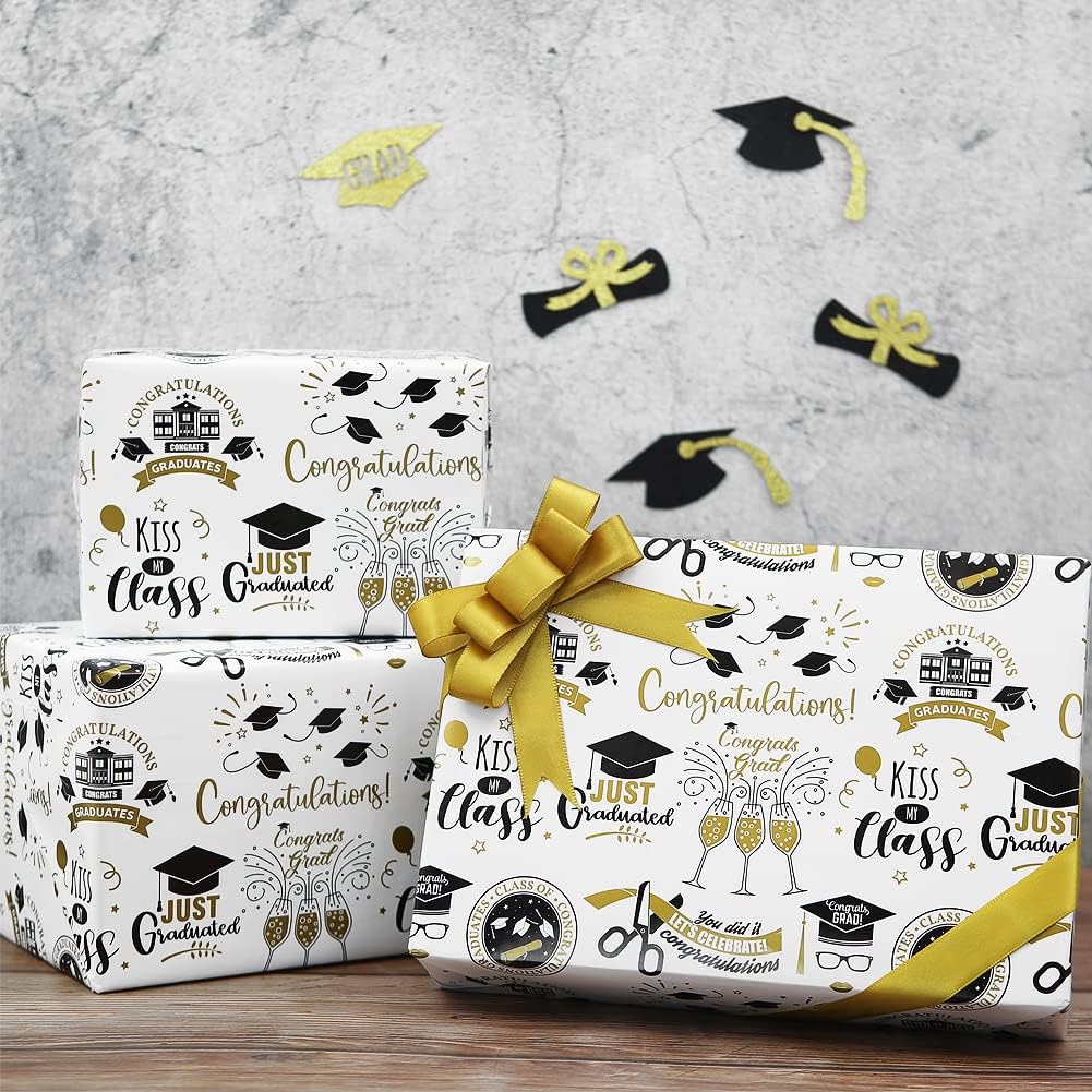 2025 Graduation Wrapping Paper Set 6 Sheets With Gold Ribbon