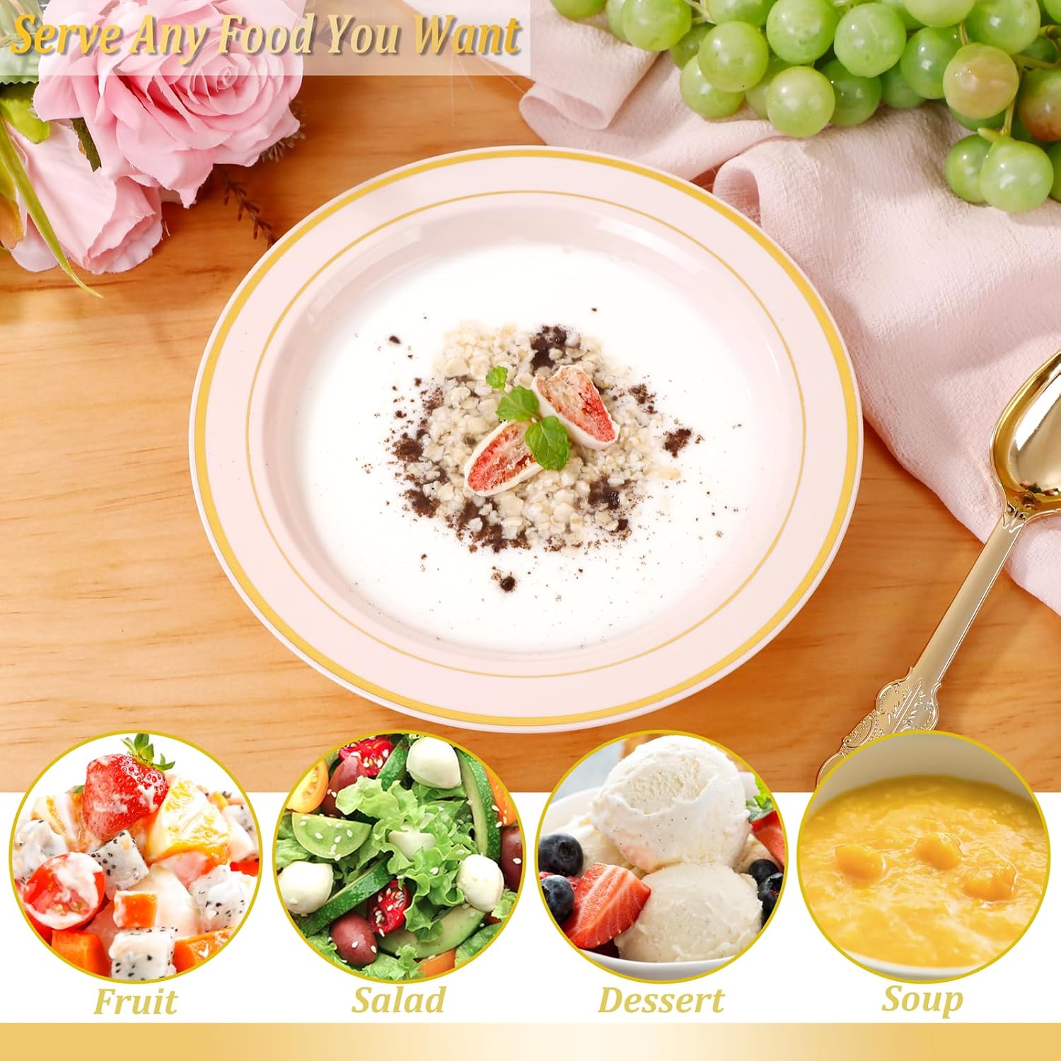 Nervure 50 Pack Pink Plastic Bowls with Gold Rim