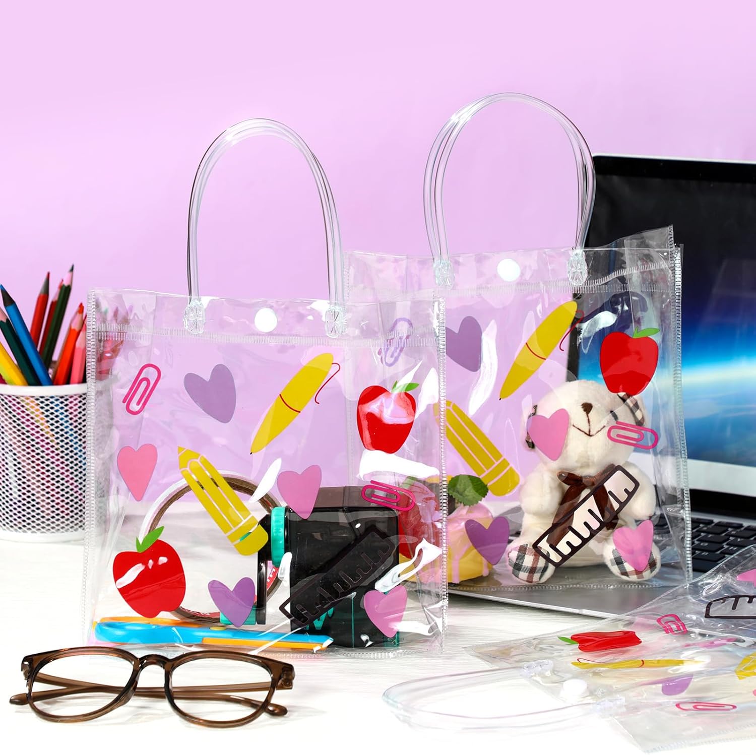 Aliceset 24 Pcs Clear Back to School Gift Bags with Handles