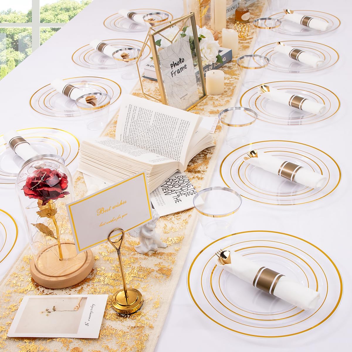 DaYammi 350PCS Clear Gold Disposable Dinnerware Set for 50 Guests