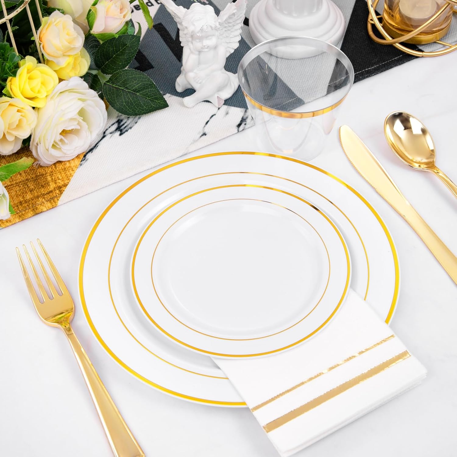 GATHER 350PCS White and Gold Plastic Plates Set for Party Wedding