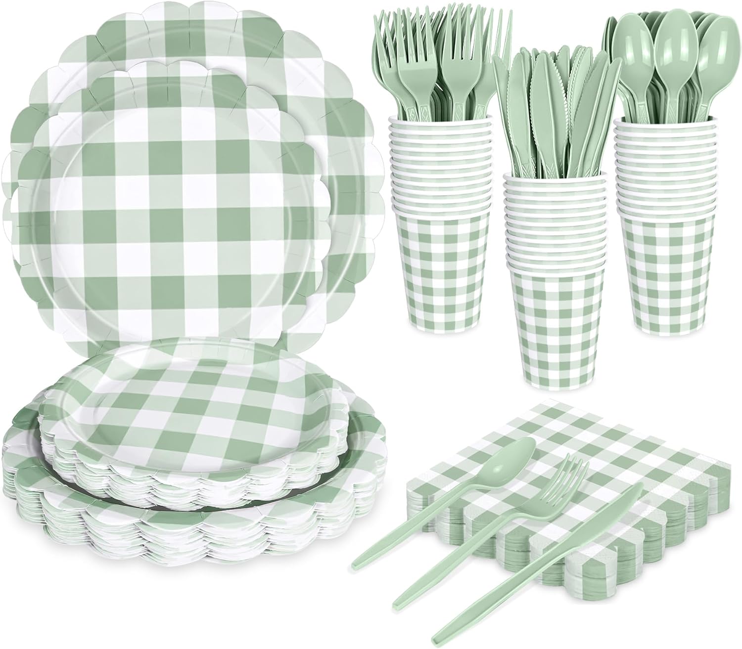 175 PCS Sage Green Gingham Plates Napkins Set for Party