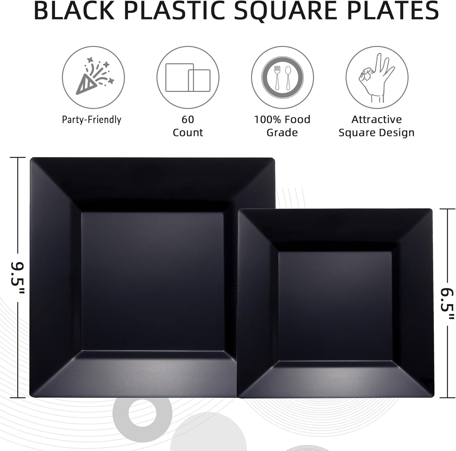 N9R 60PCS Black Plastic Square Plates for Parties and Events