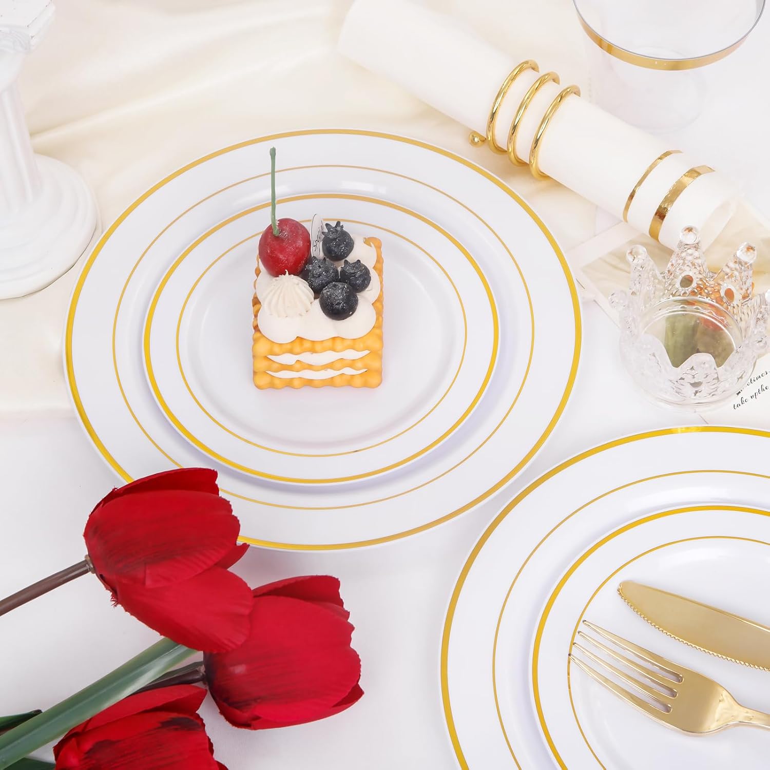 GATHER 350PCS White and Gold Plastic Plates Set for Party Wedding