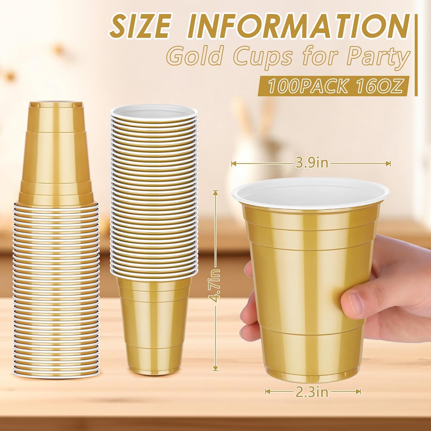 Dualshine 100 Pack 16 Oz Gold Plastic Cups for Parties
