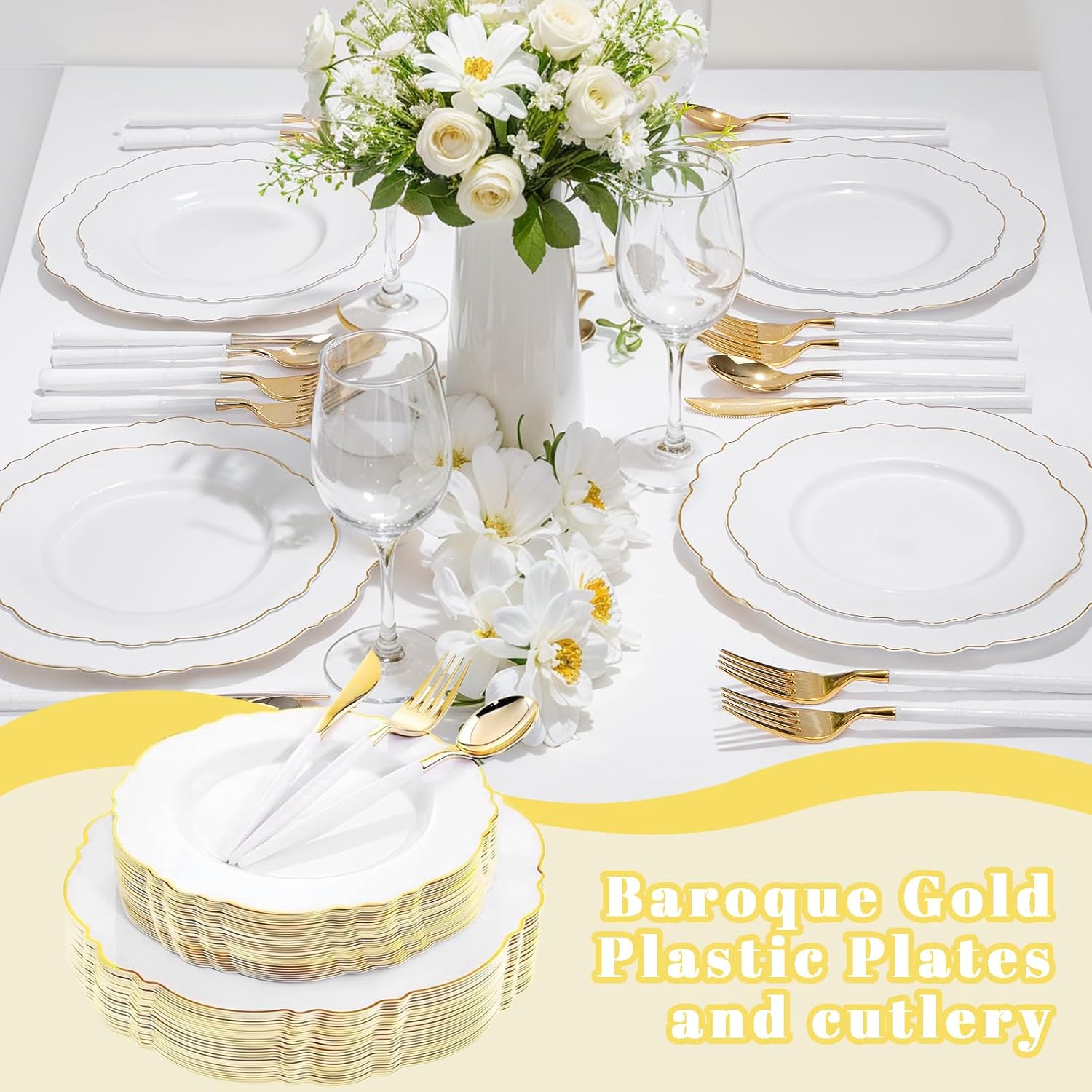 WDF 30 Guest Gold Plastic Plates Wedding Baroque Design