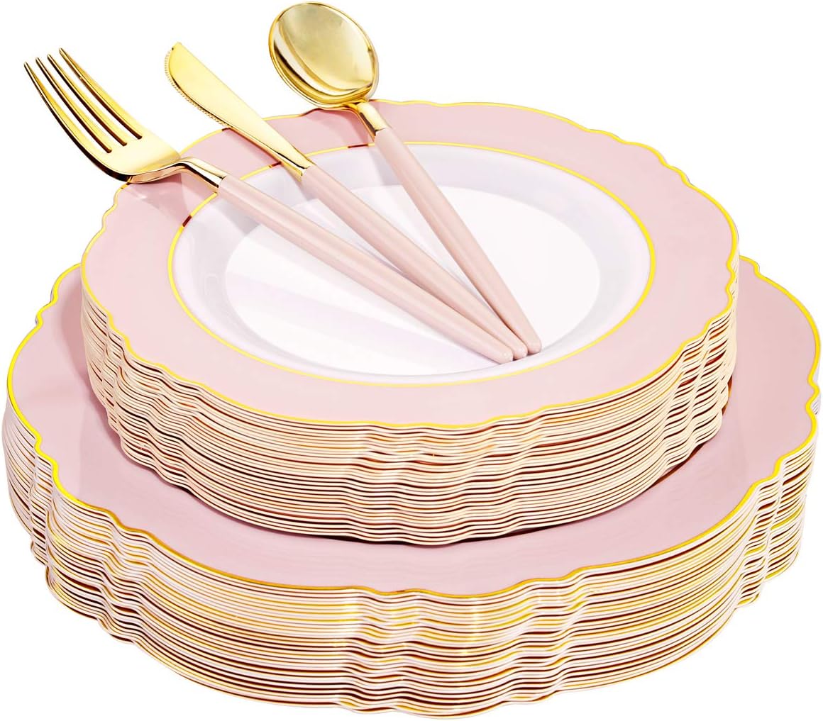 WDF 30 Guest Pink Gold Plastic Plates Set
