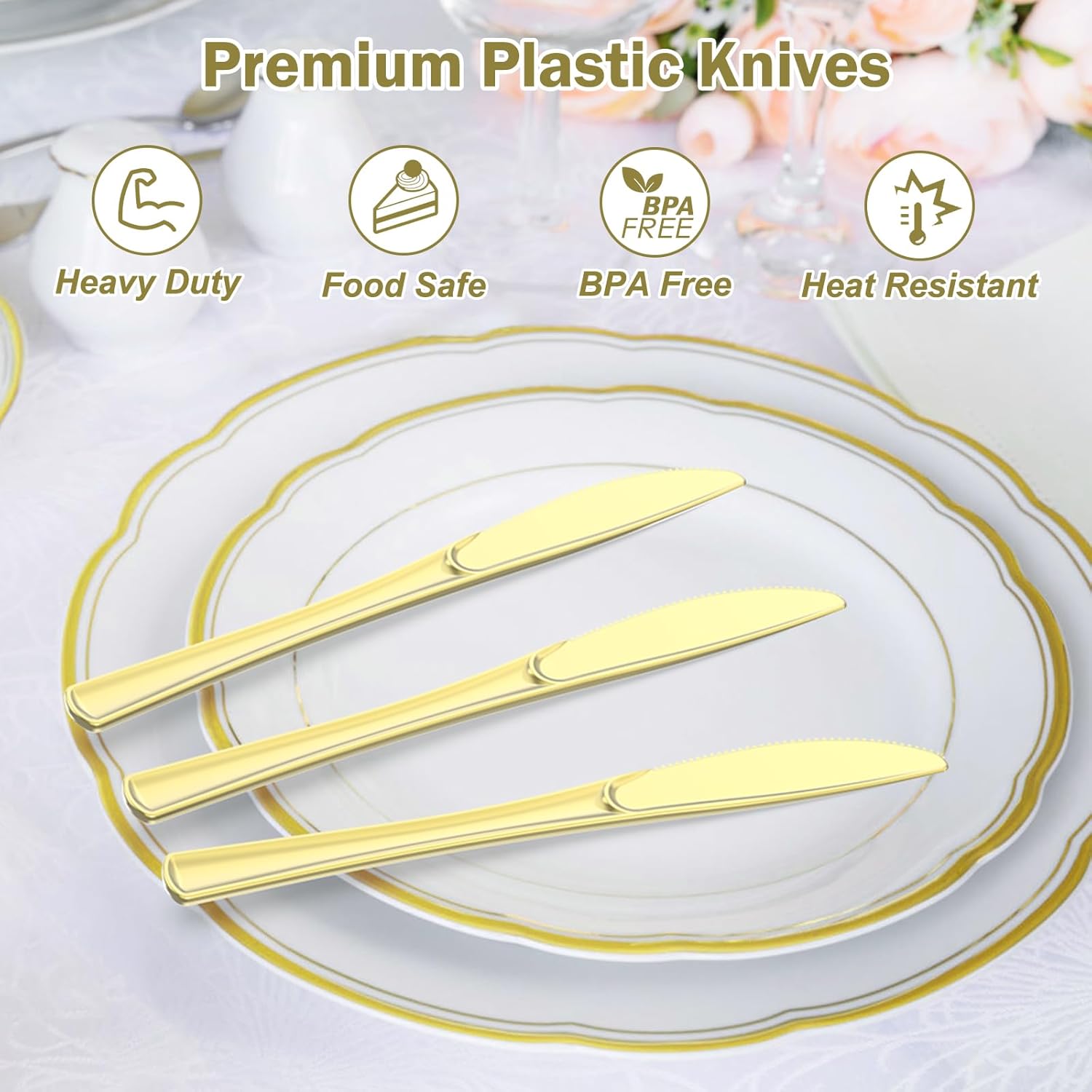 100 Count Heavy Duty Gold Plastic Knives for Parties