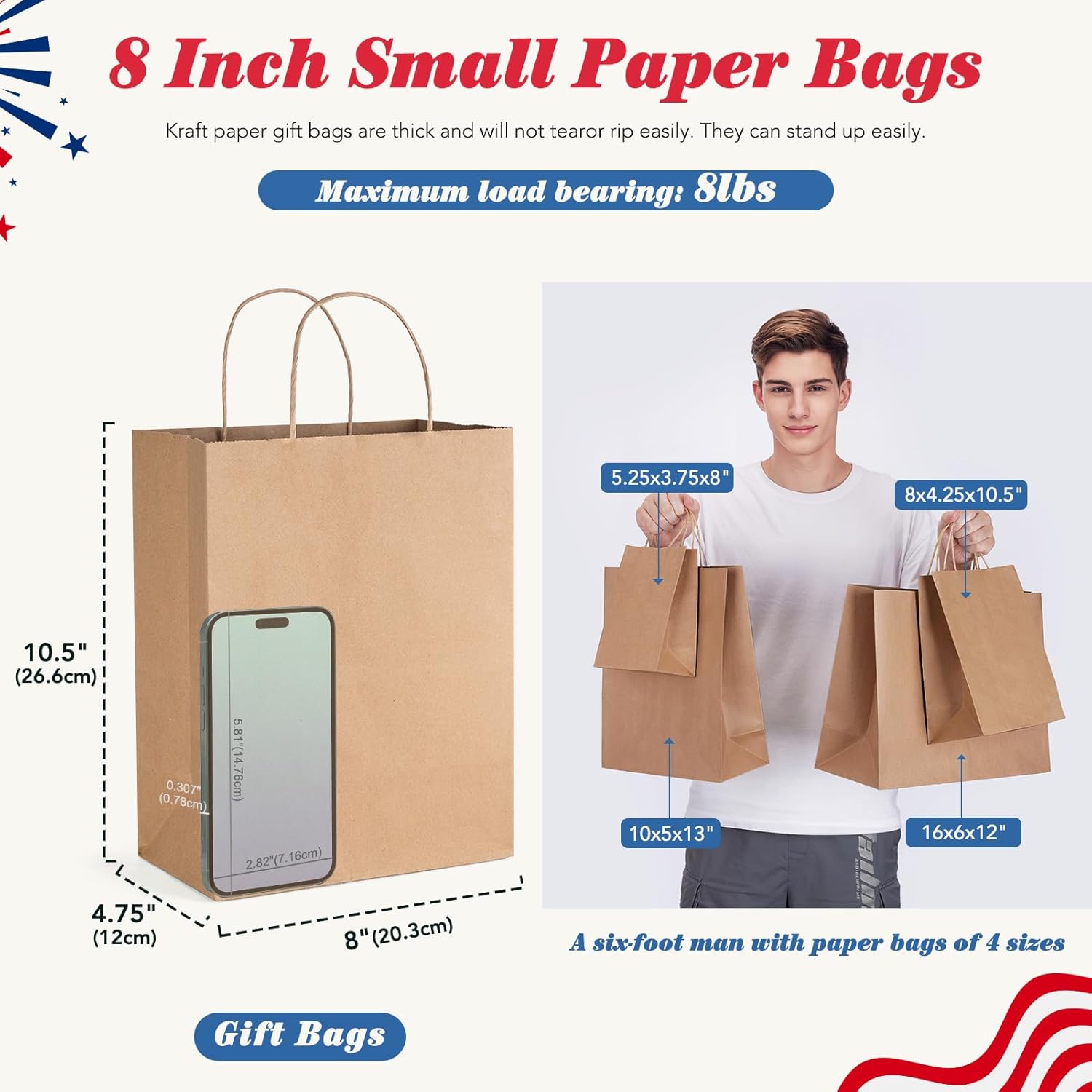 GSSUSA 100 Pack Brown Paper Bags with Handles Gift Wrapping