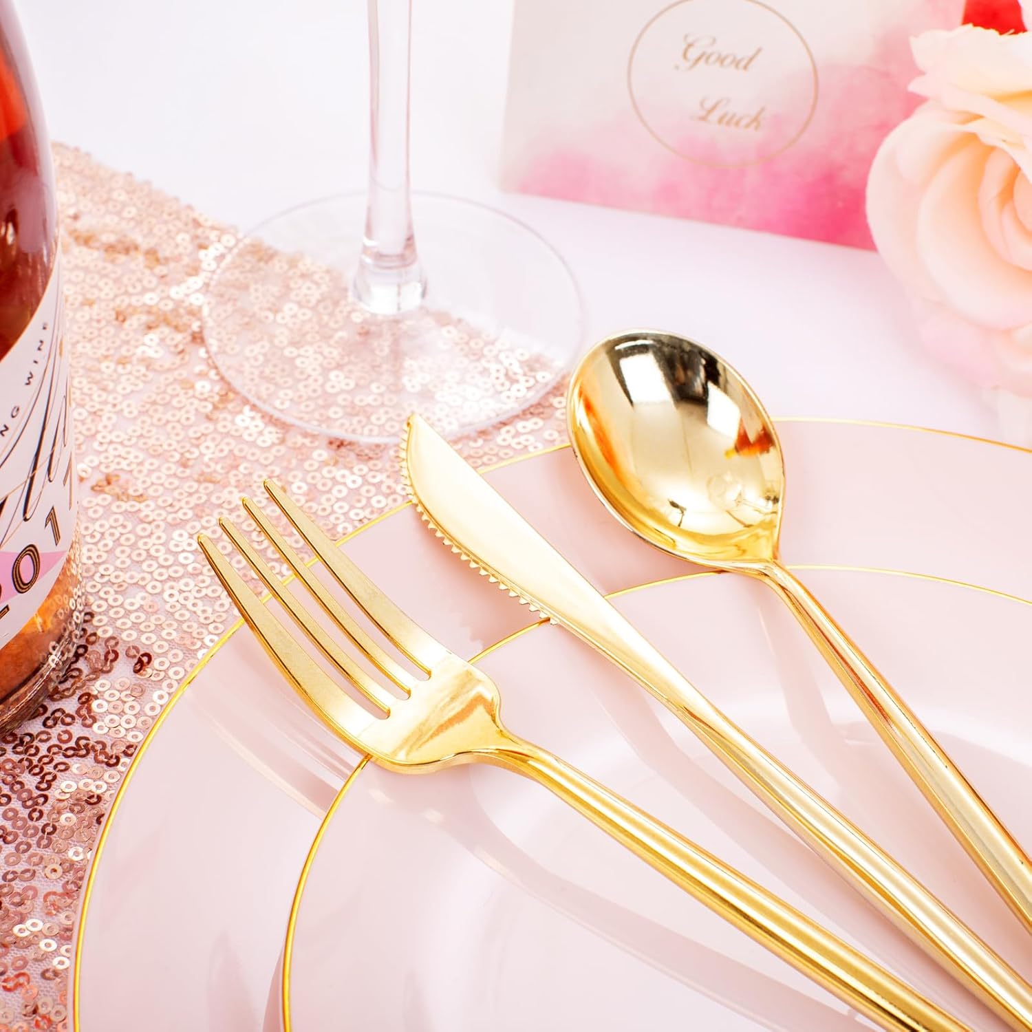 30-Piece Pink Plastic Party Plates Set with Gold Rim