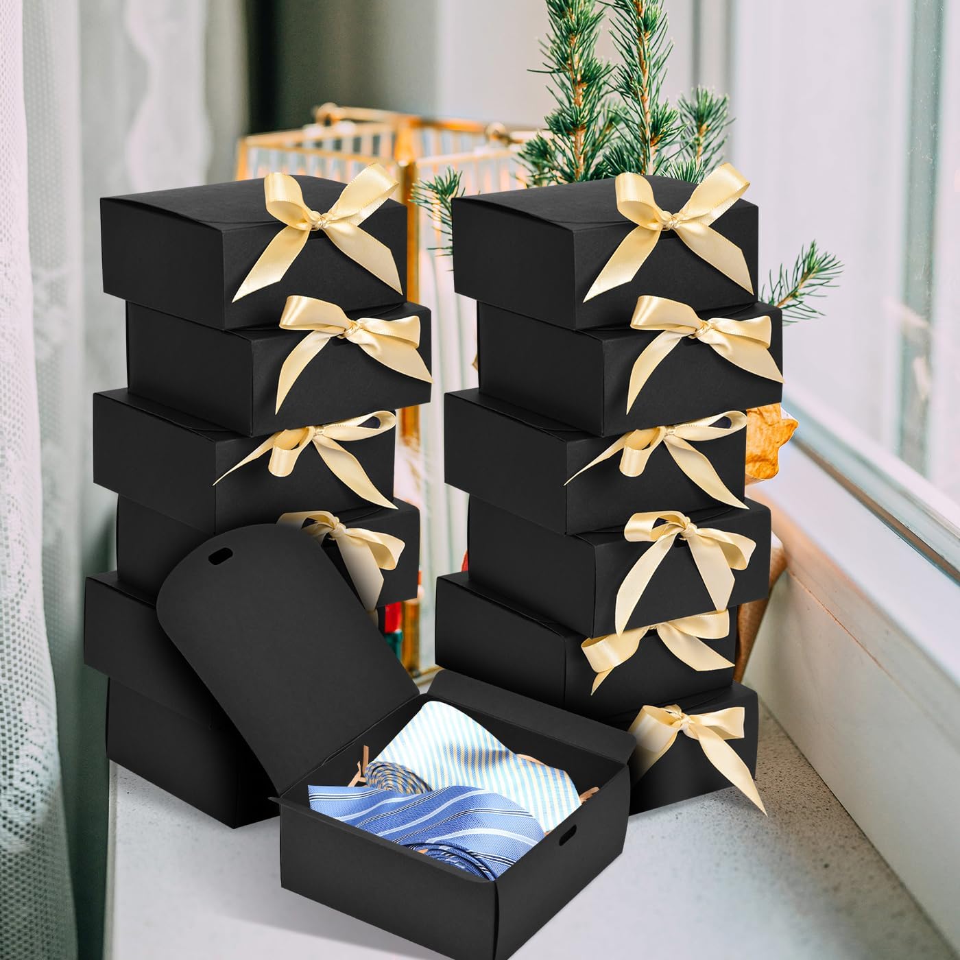 WLUSEAXI 12 Pack Black Gift Boxes with Lids and Ribbons