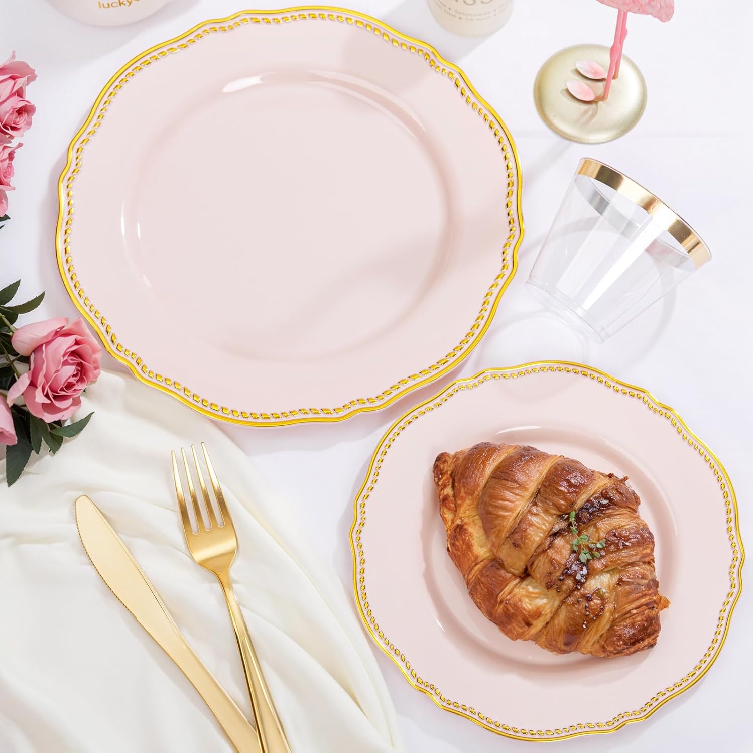 Hioasis 350pcs Pink Gold Plastic Plates Set