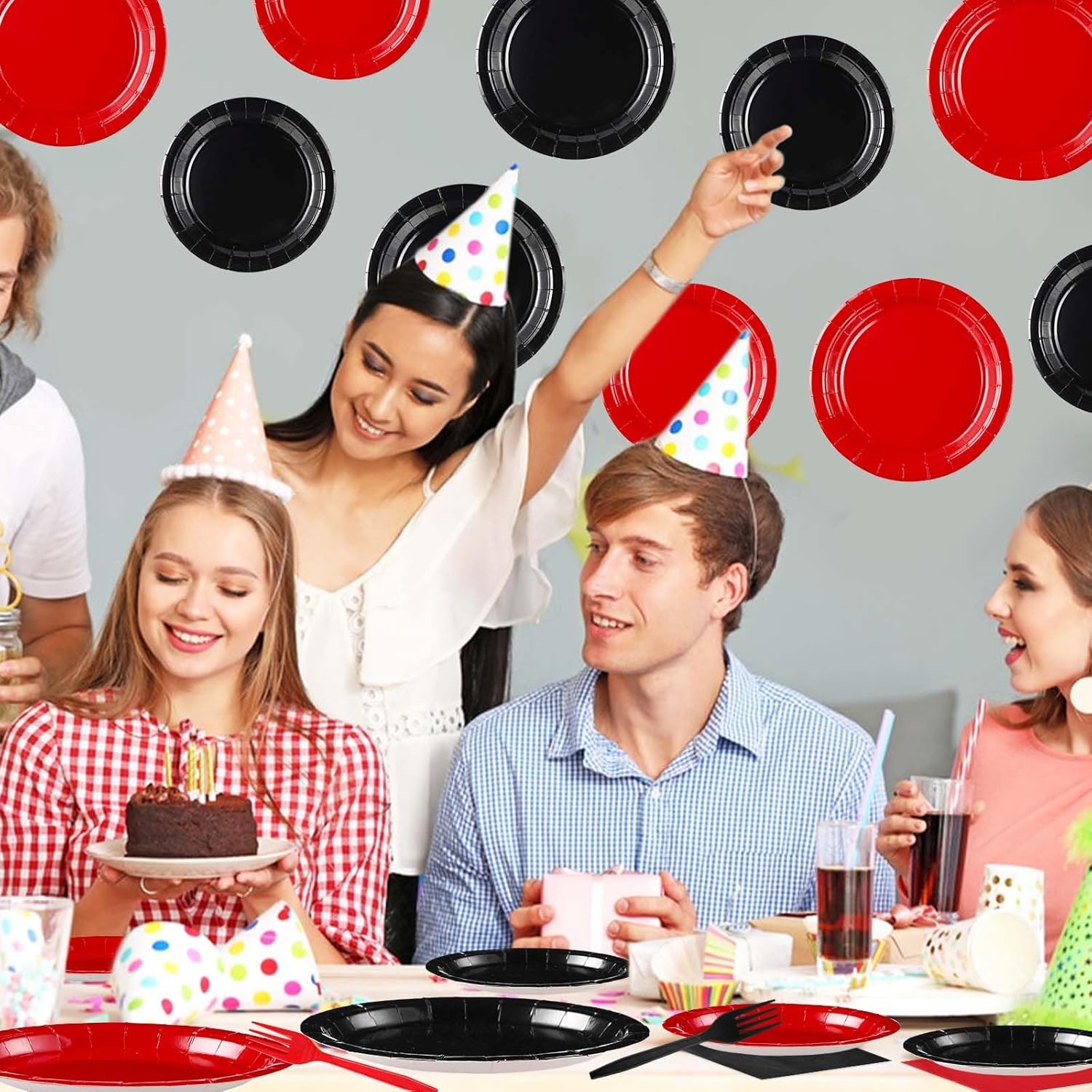 96 Pcs Red and Black Party Plates and Napkins Set