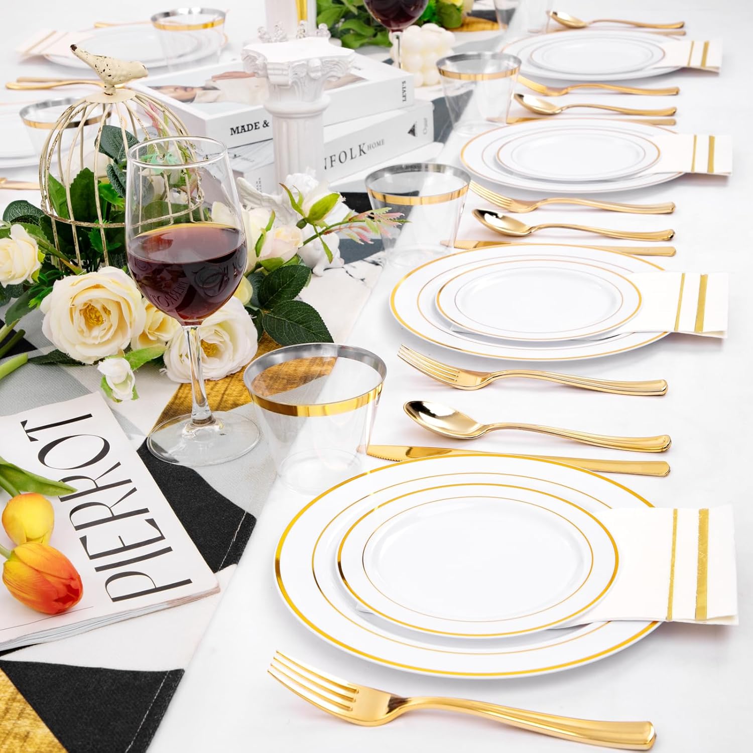 GATHER 350PCS White and Gold Plastic Plates Set for Party Wedding