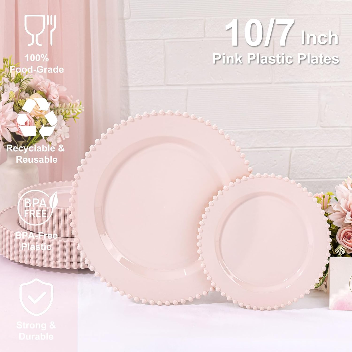 U-QE 60PCS Pink Plastic Plates for Parties and Events