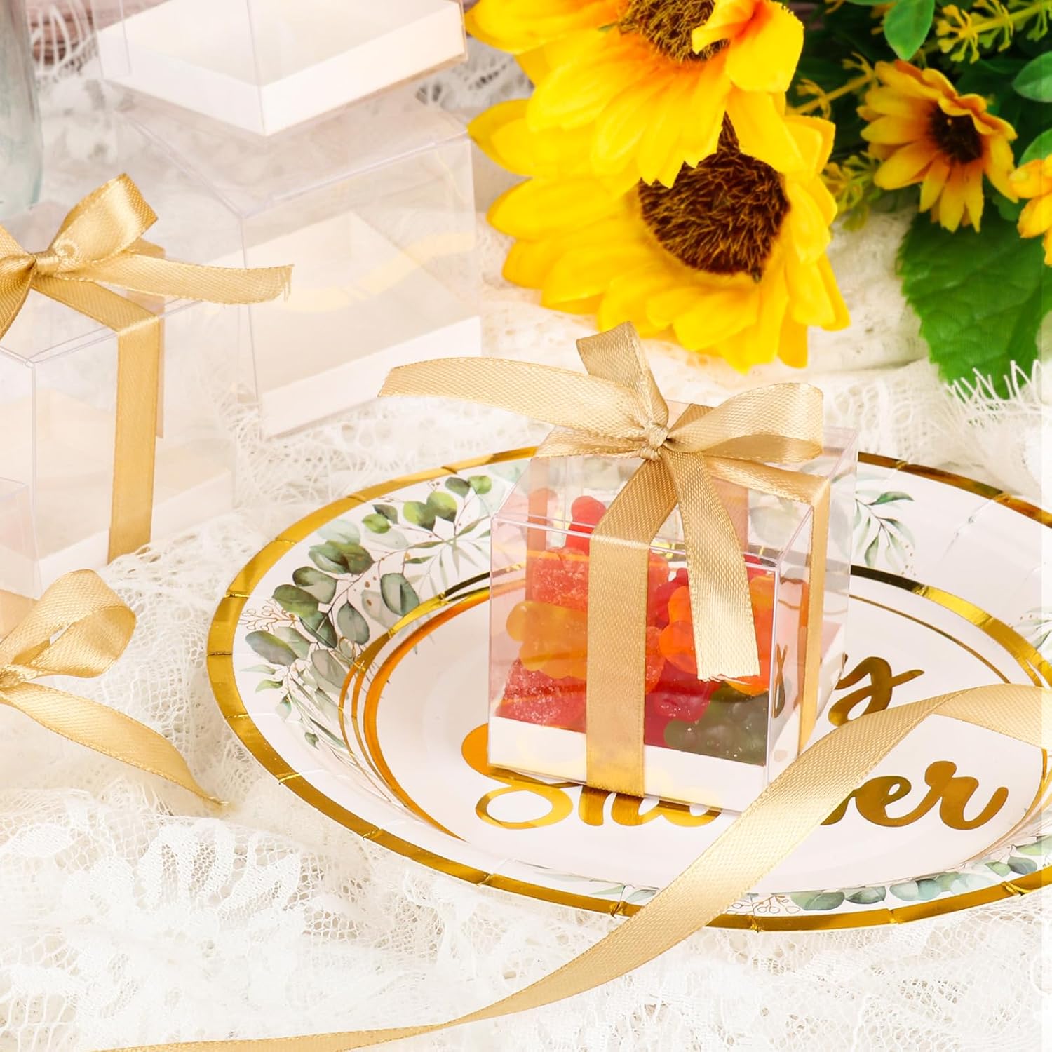 Hxezoc 50 Pack Clear Cube Gift Boxes with Gold Ribbons