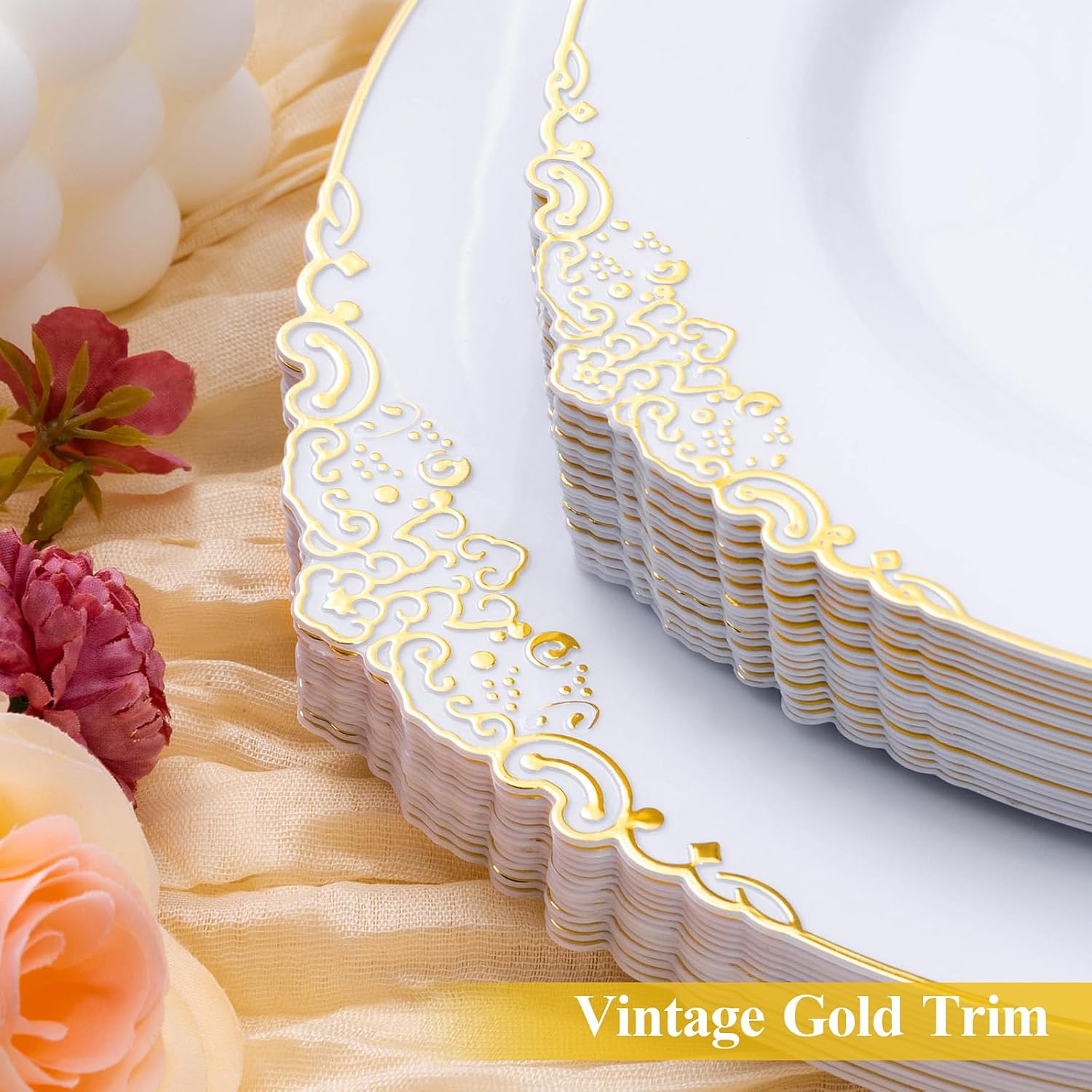 100 PCS White Gold Plastic Plates for 50 Guests