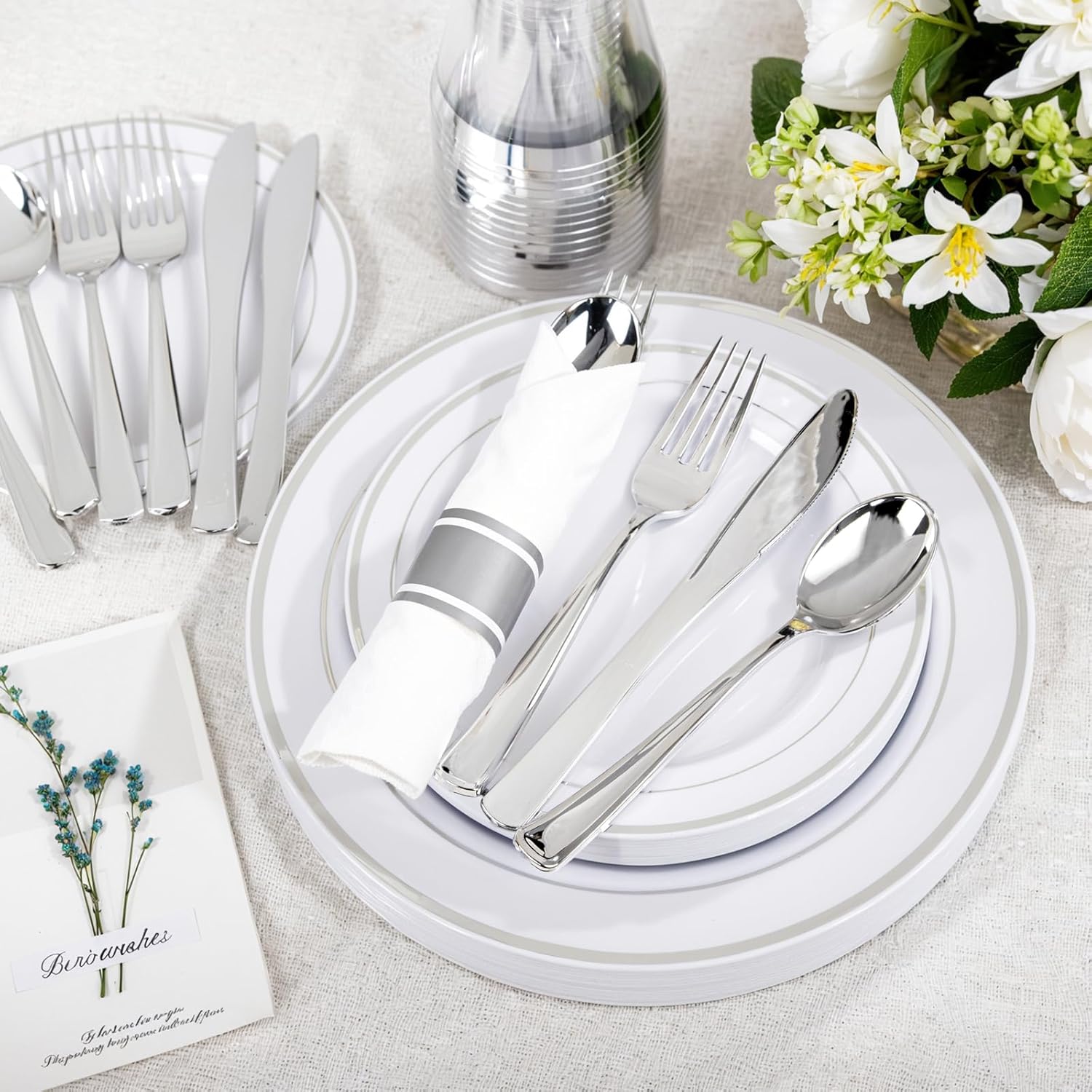 WELLIFE 350Pcs Silver Plastic Plates for 50 Guests - Party Dinnerware Set