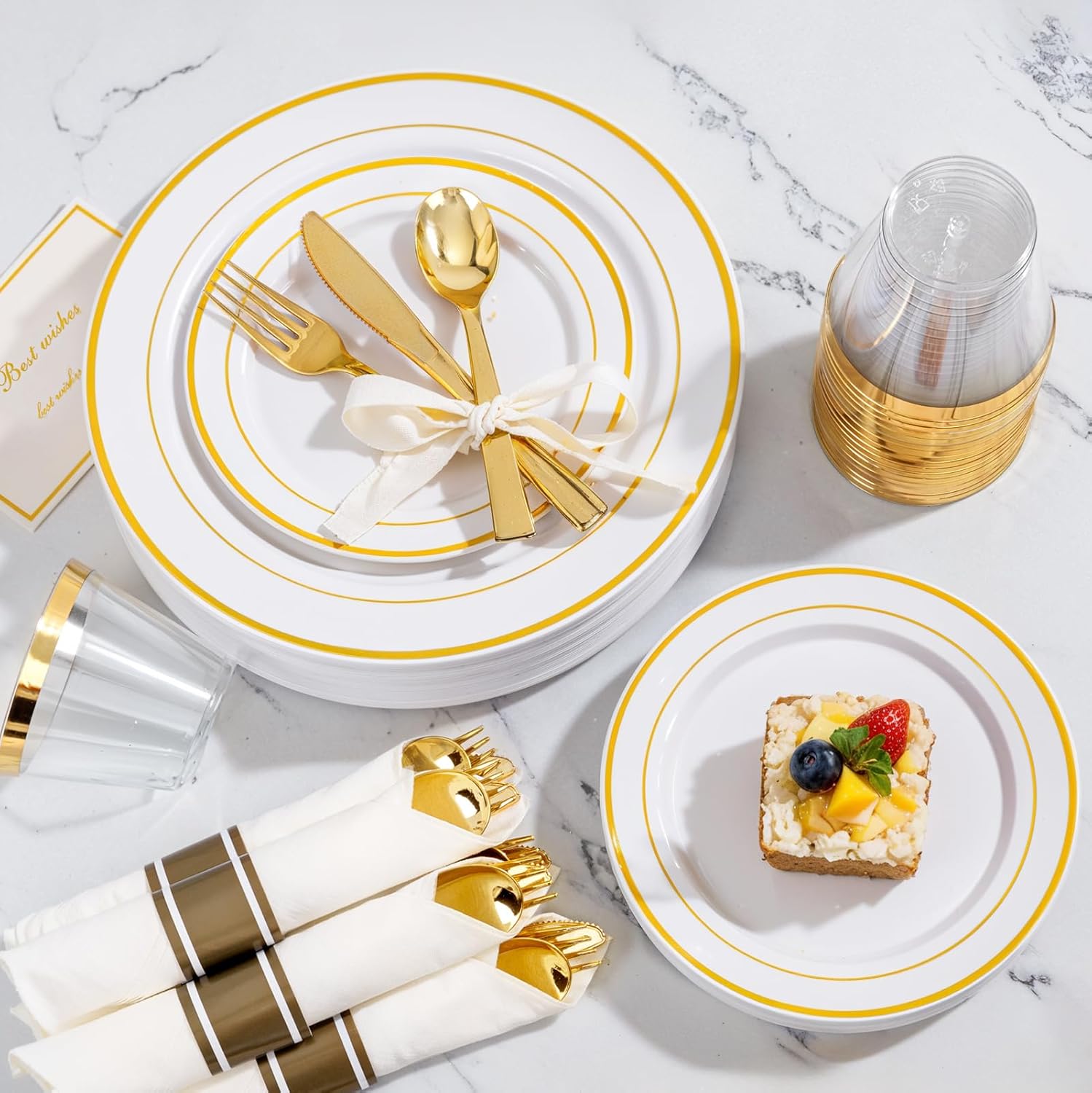 WELLIFE 350Pcs White Gold Plastic Plates for 50 Guests