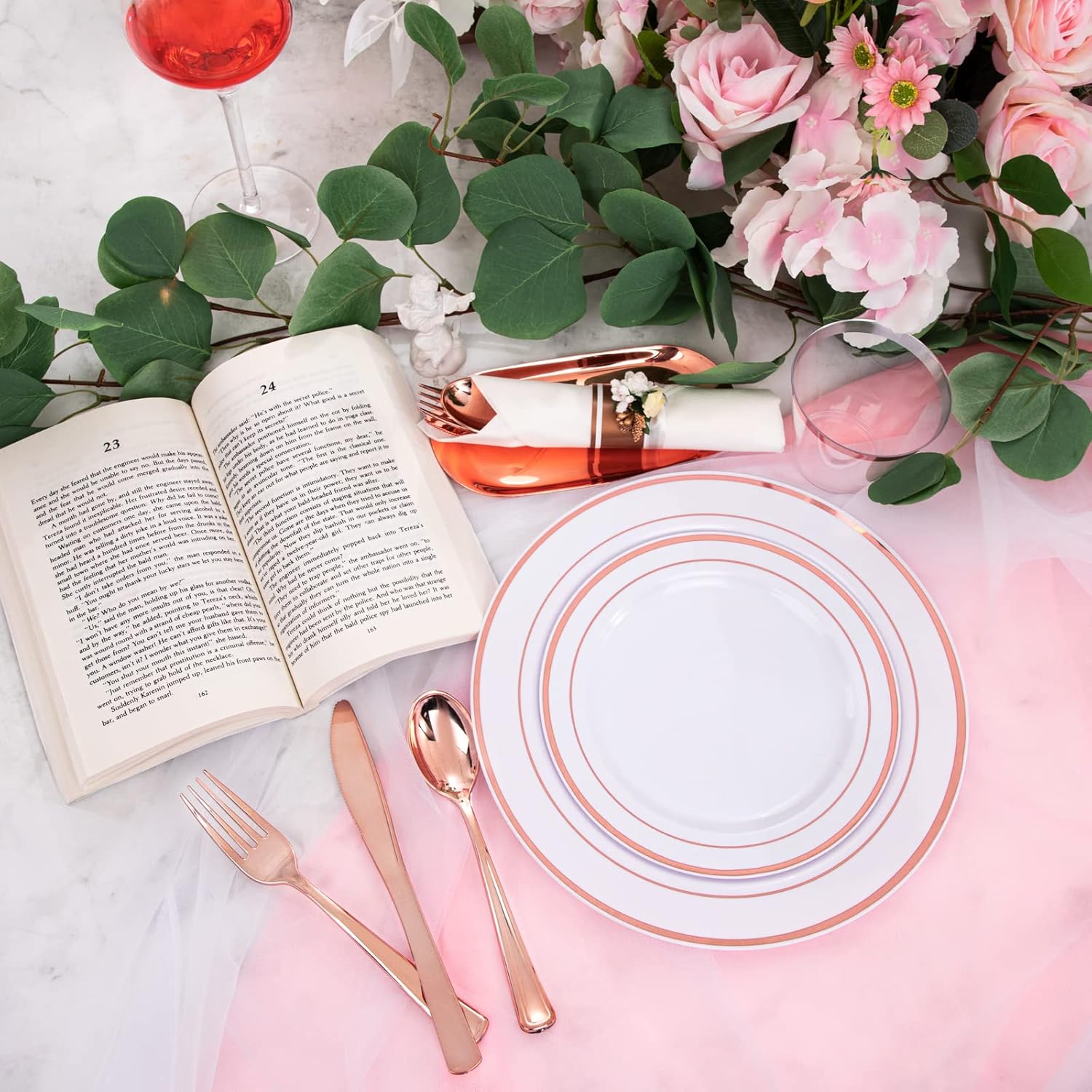 WELLIFE 350 Pieces Rose Gold Plastic Dinnerware Set