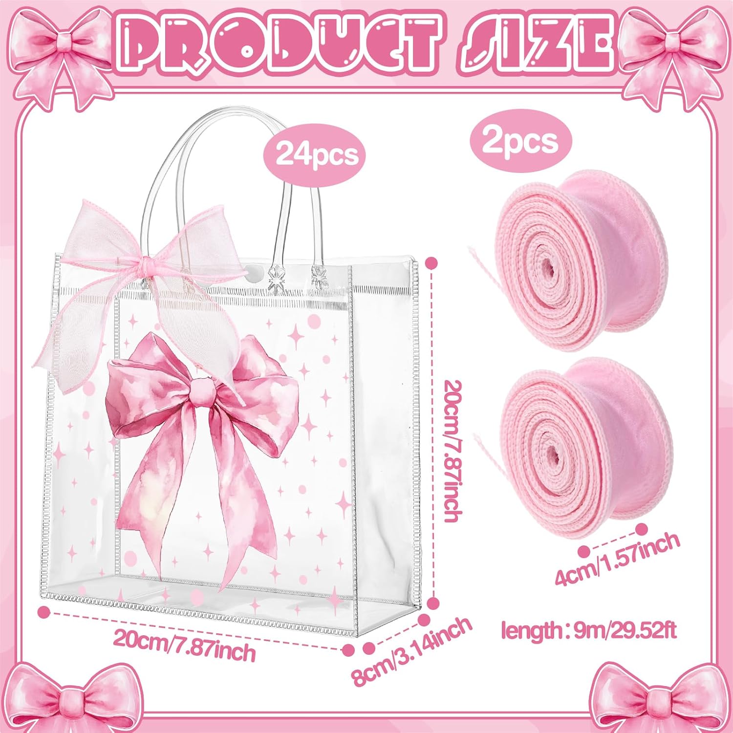 Wesnoy 24 Pcs Pink Bow Clear PVC Gift Bags with Handles