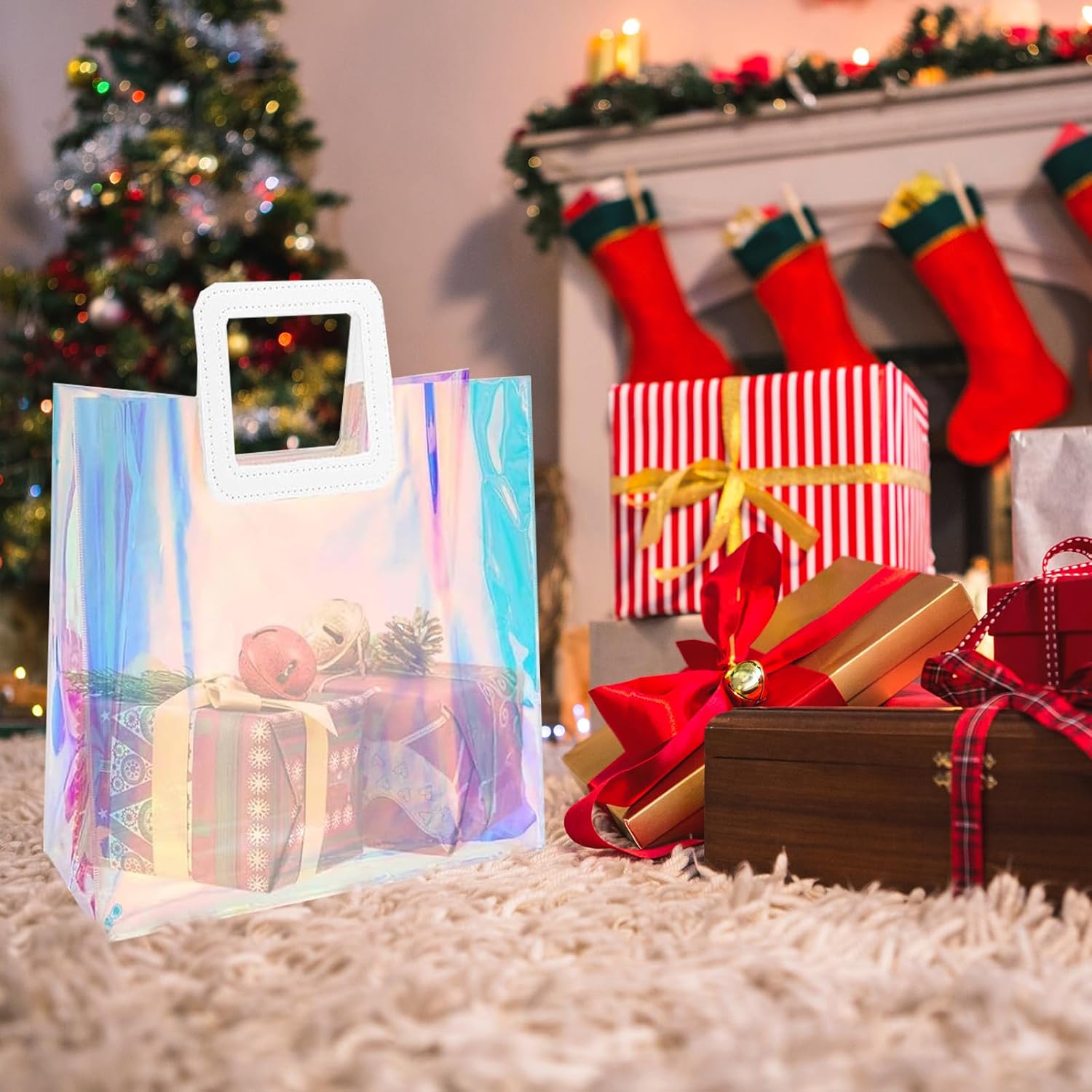 Voittozege 20Pcs Clear Holographic Gift Bags with Handle