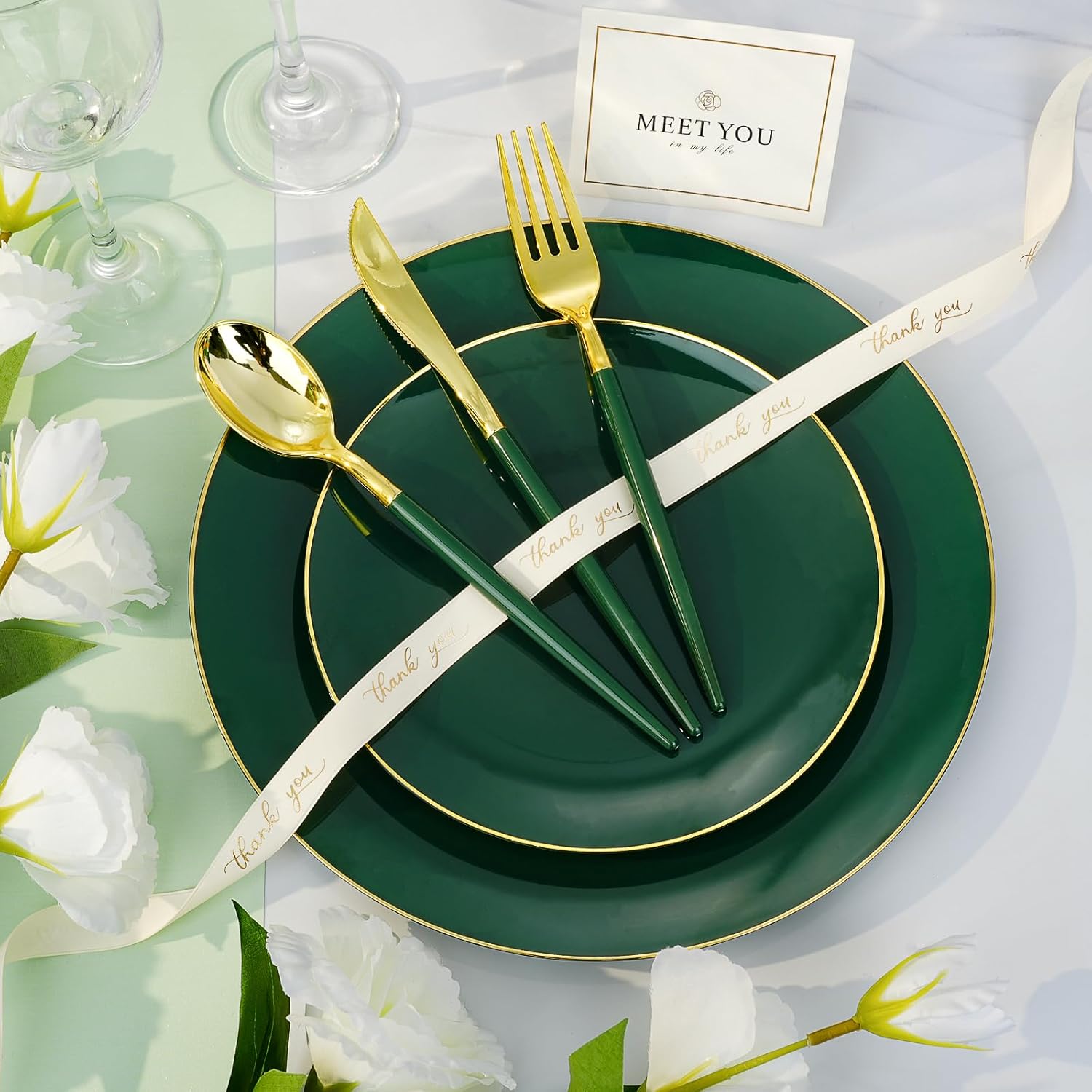 175 Piece Green Gold Plastic Dinnerware Set for Parties