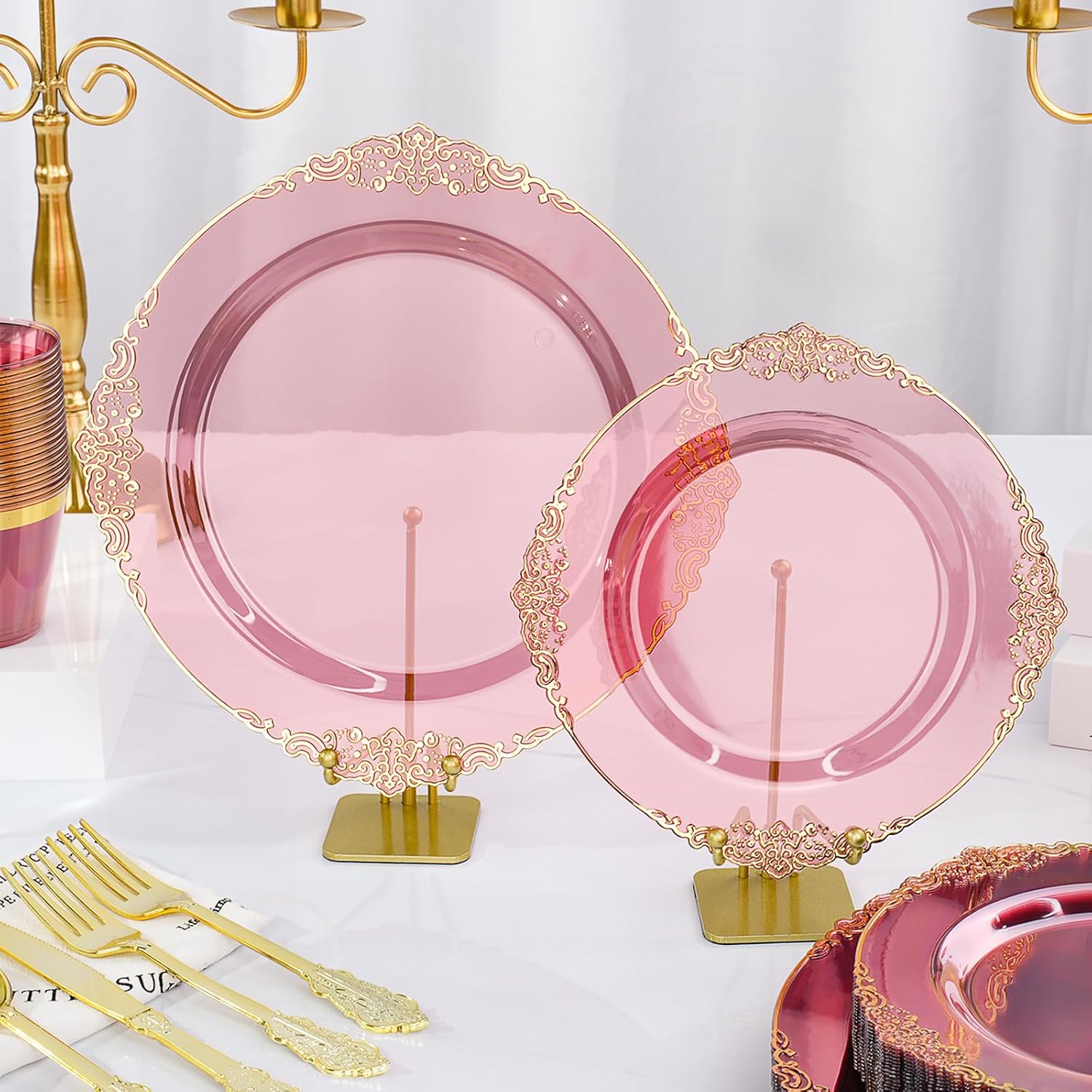350 PCS Elegant Gold and Burgundy Plastic Dinnerware Set for 50 Guests