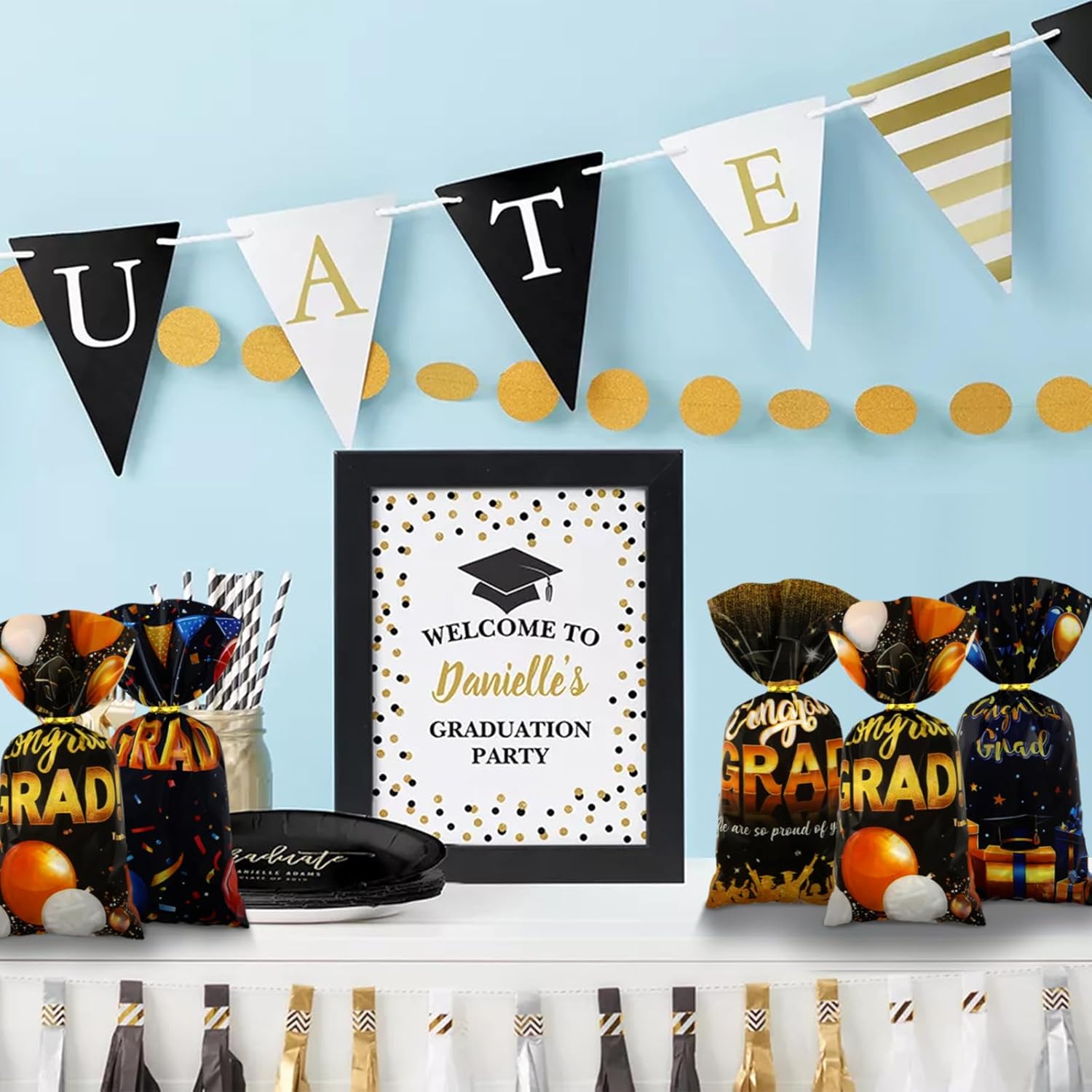 Graduation Cellophane Treat Bags 100pcs Black Gold Congrats Gift Bags