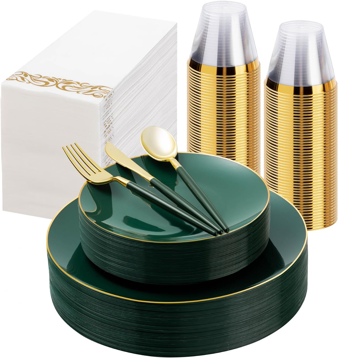 175 Piece Green Gold Plastic Dinnerware Set for Parties
