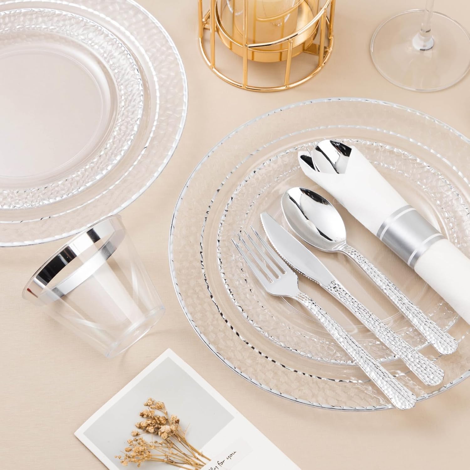 350PCS Clear Plastic Plates with Silver Trim for 50 Guests