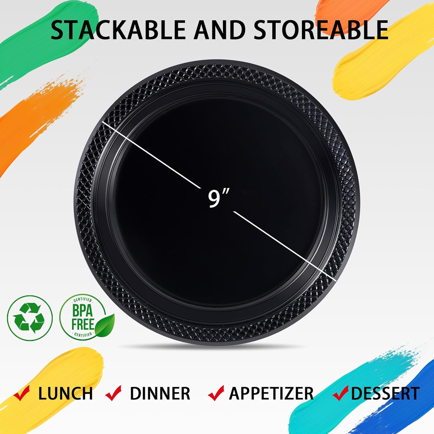 WELLIFE 9 Inch Black Plastic Plates 150 Count