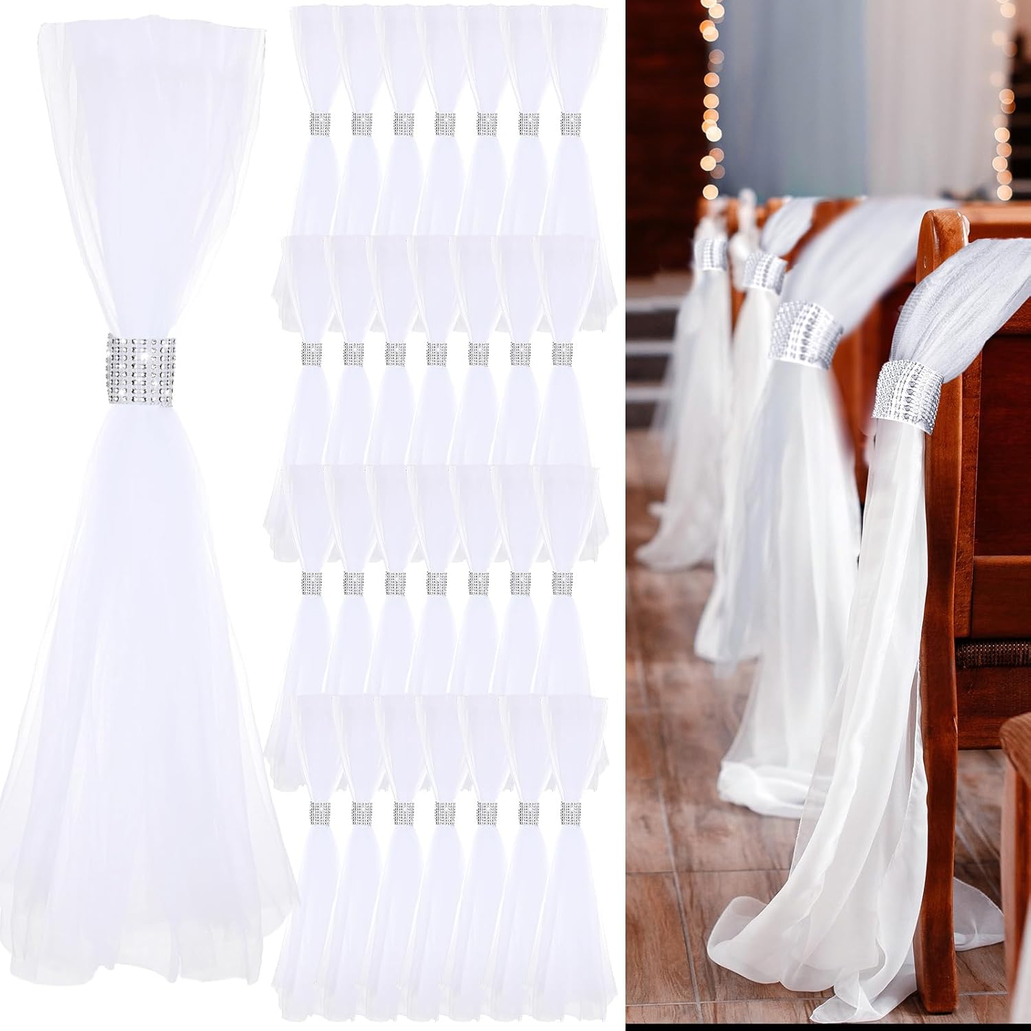 36 Piece Wedding Pew Bows Tulle Set with Rhinestone Collar