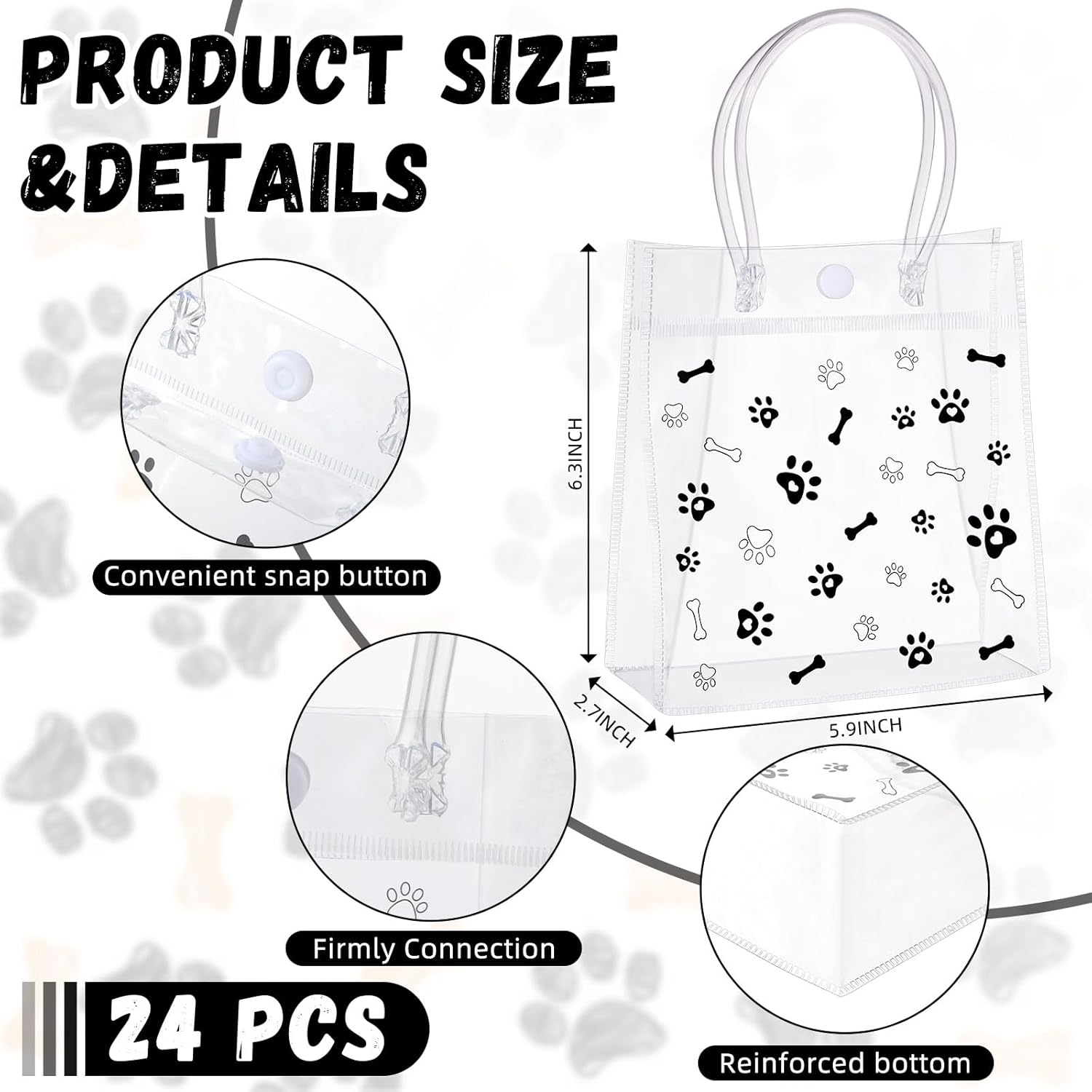 Kolldenn 24 Pack Clear PVC Dog Paw Gift Bags with Handle