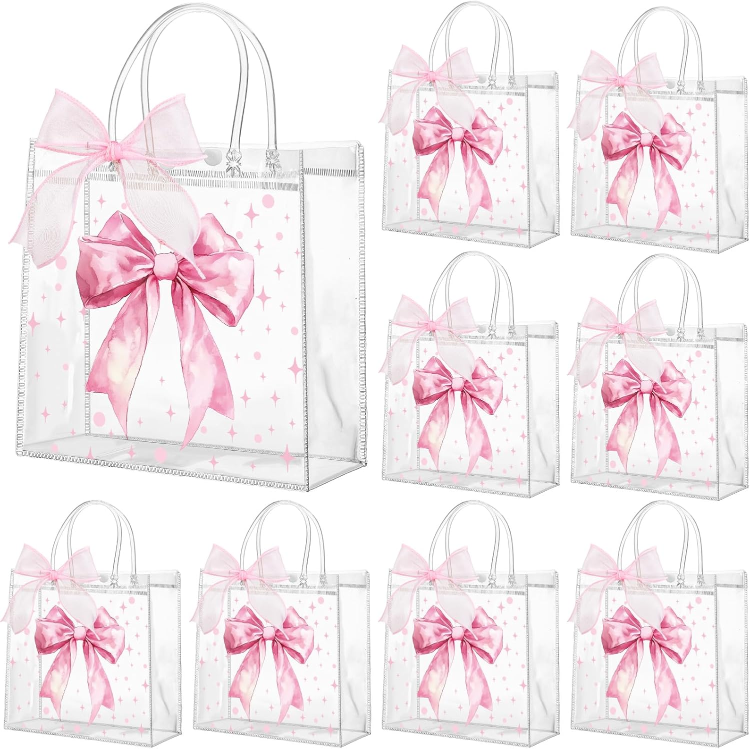 Wesnoy 24 Pcs Pink Bow Clear PVC Gift Bags with Handles