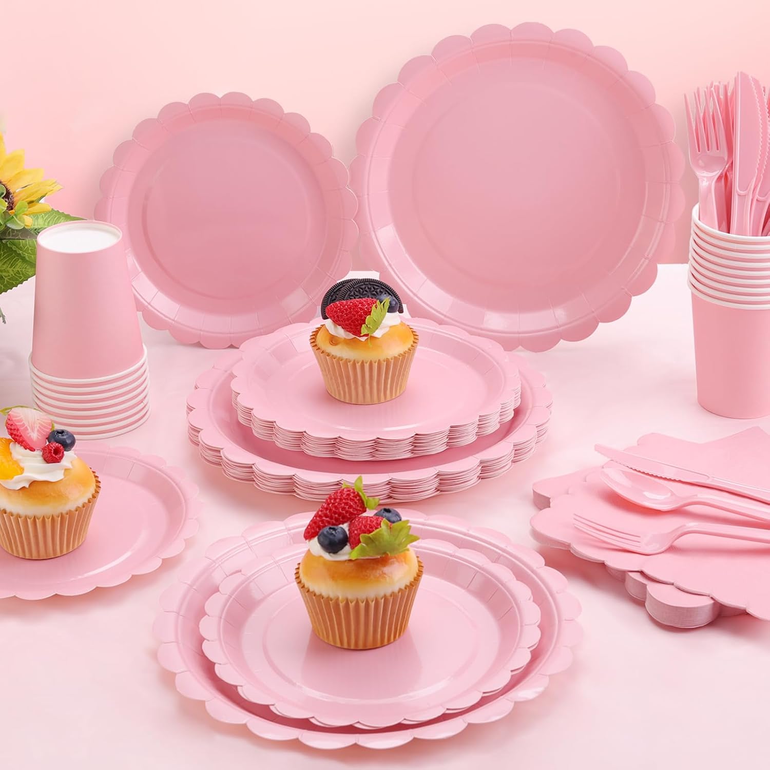 176 Pcs Pink Paper Plates and Napkins Set