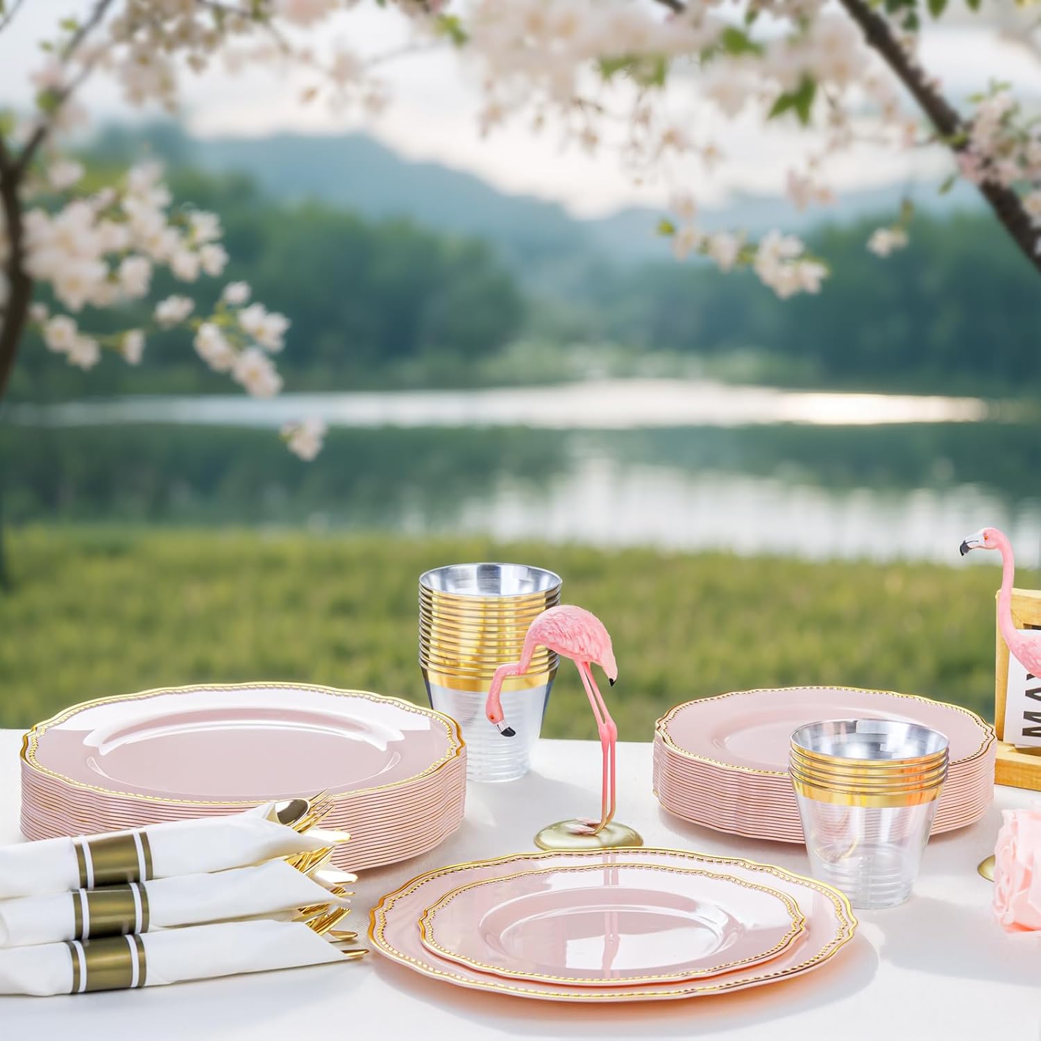 Hioasis 350pcs Pink Gold Plastic Plates Set