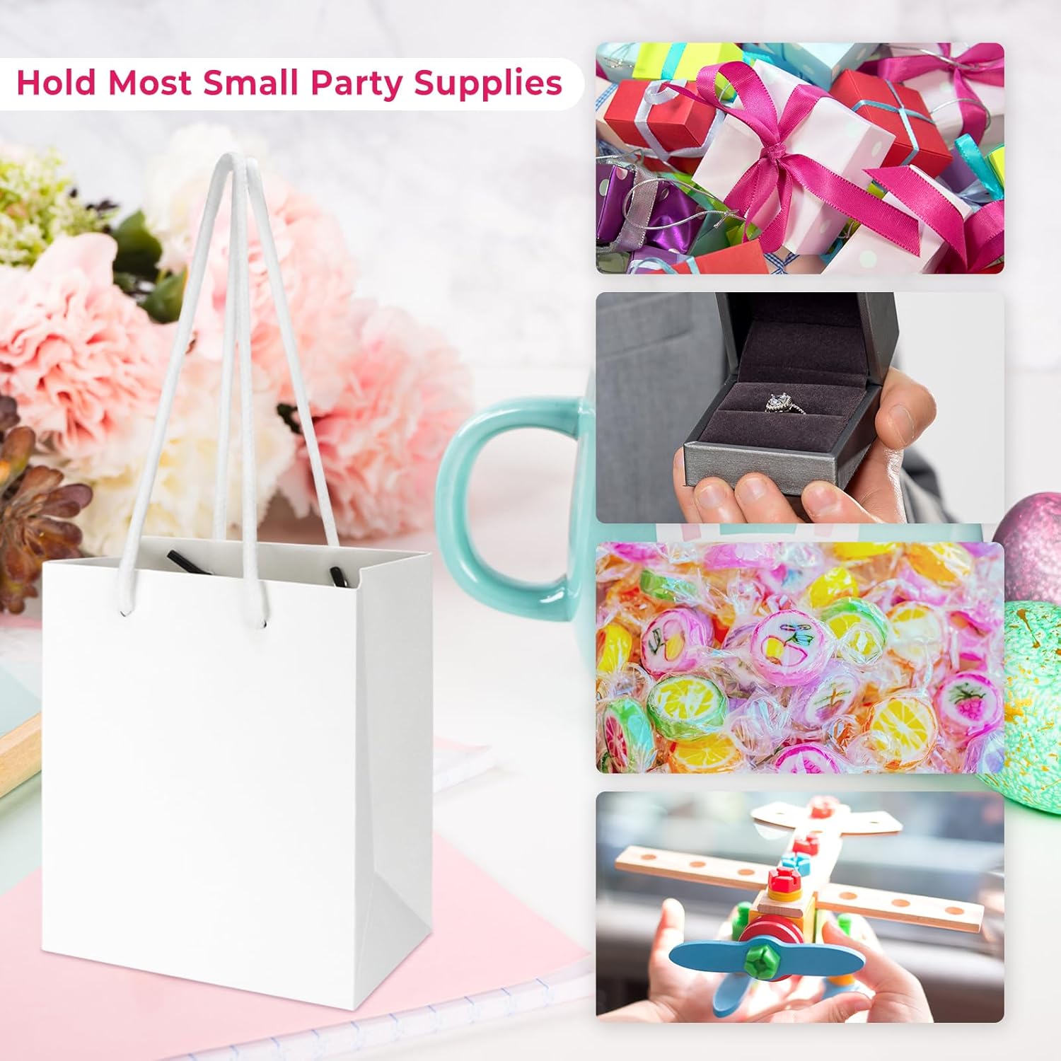 Rcybeo 50 Pack Mini White Gift Bags with Handles