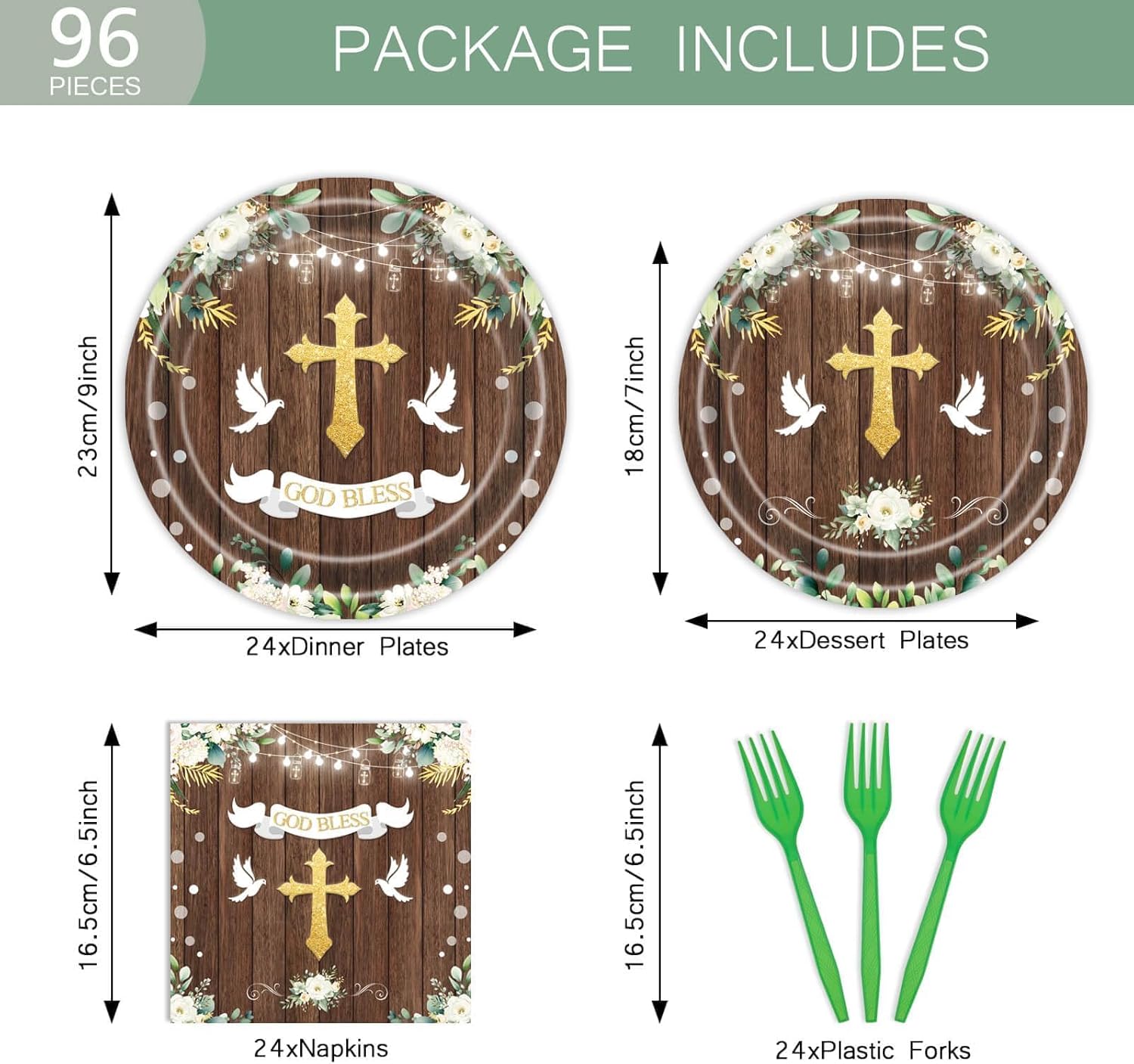 96Pcs God Bless Party Supplies Plates Set for 24 Guests