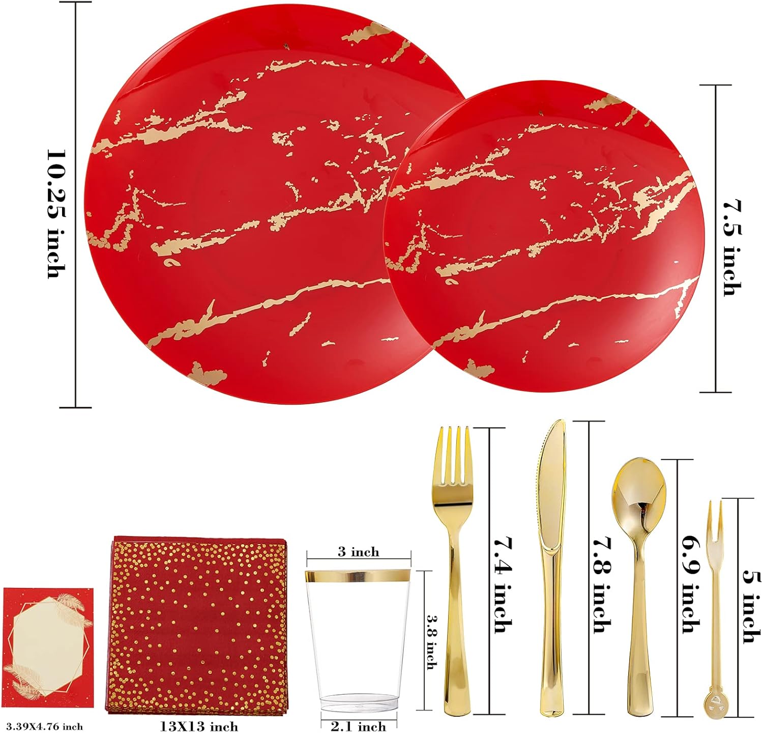 N9R 225PCS Red Gold Plastic Dinnerware Set