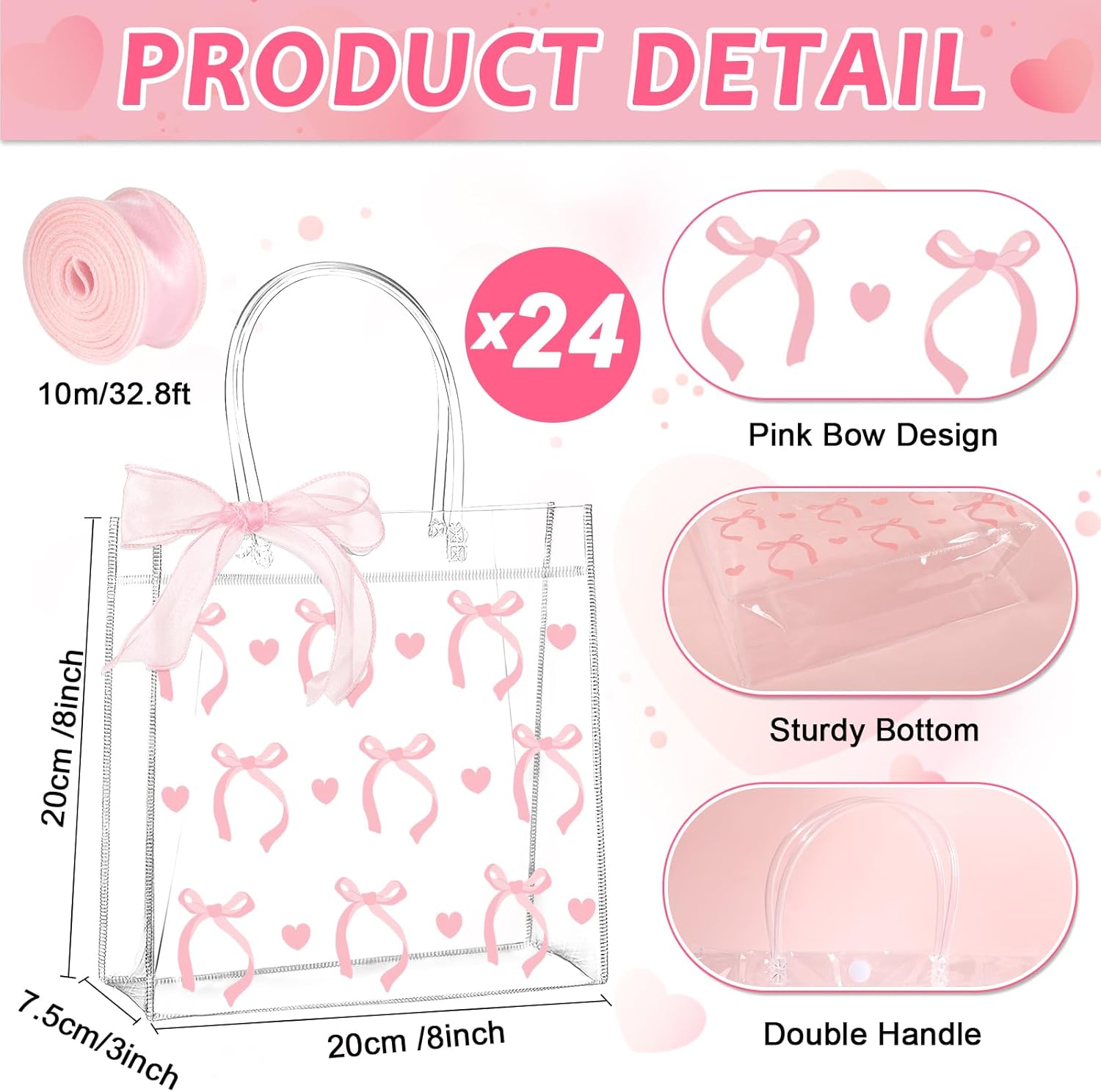 QOUBAI 24pcs Pink Bow Clear PVC Gift Bags with Handles