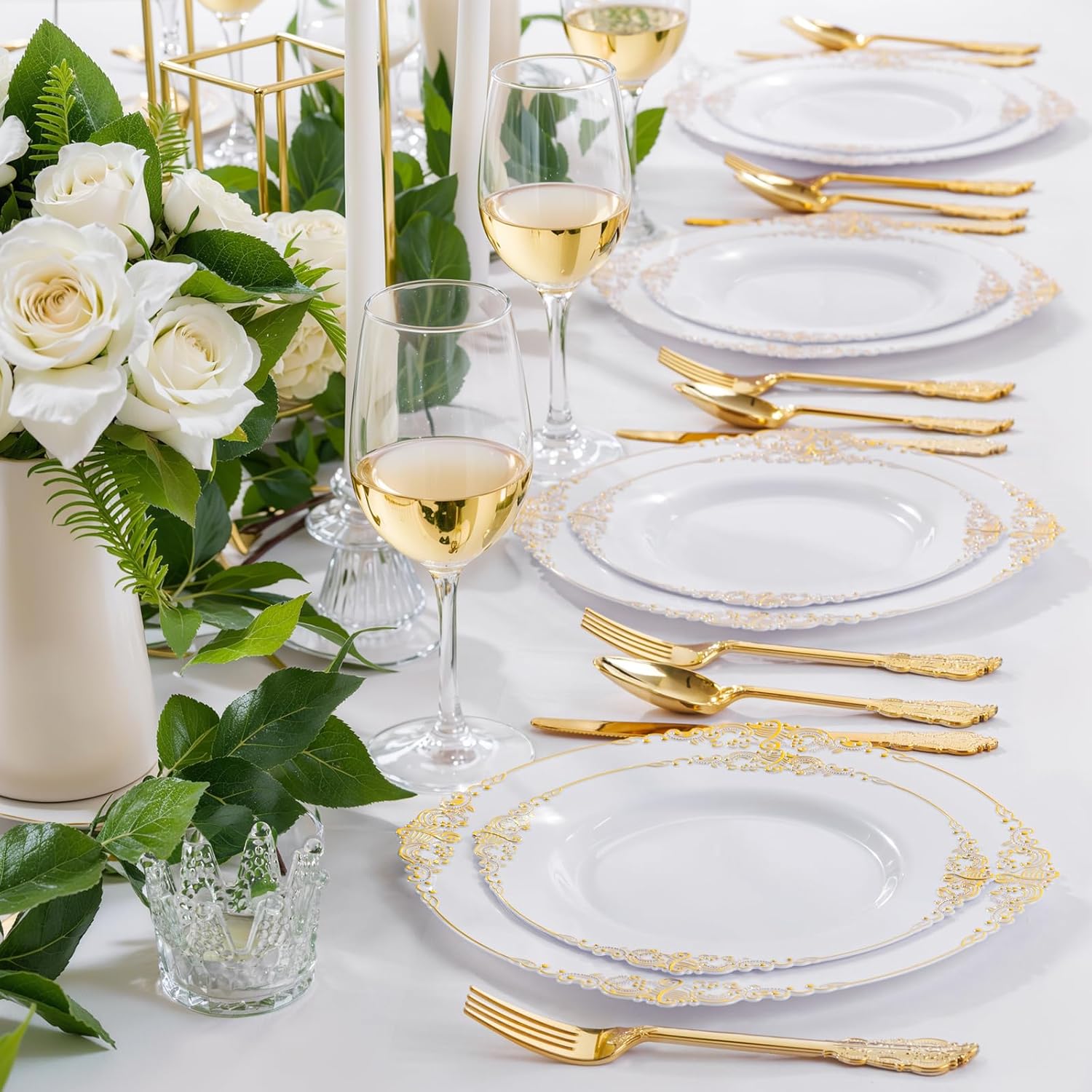 Nervure 175PCS Gold Plastic Plates for 25 Guests Wedding Party Supplies